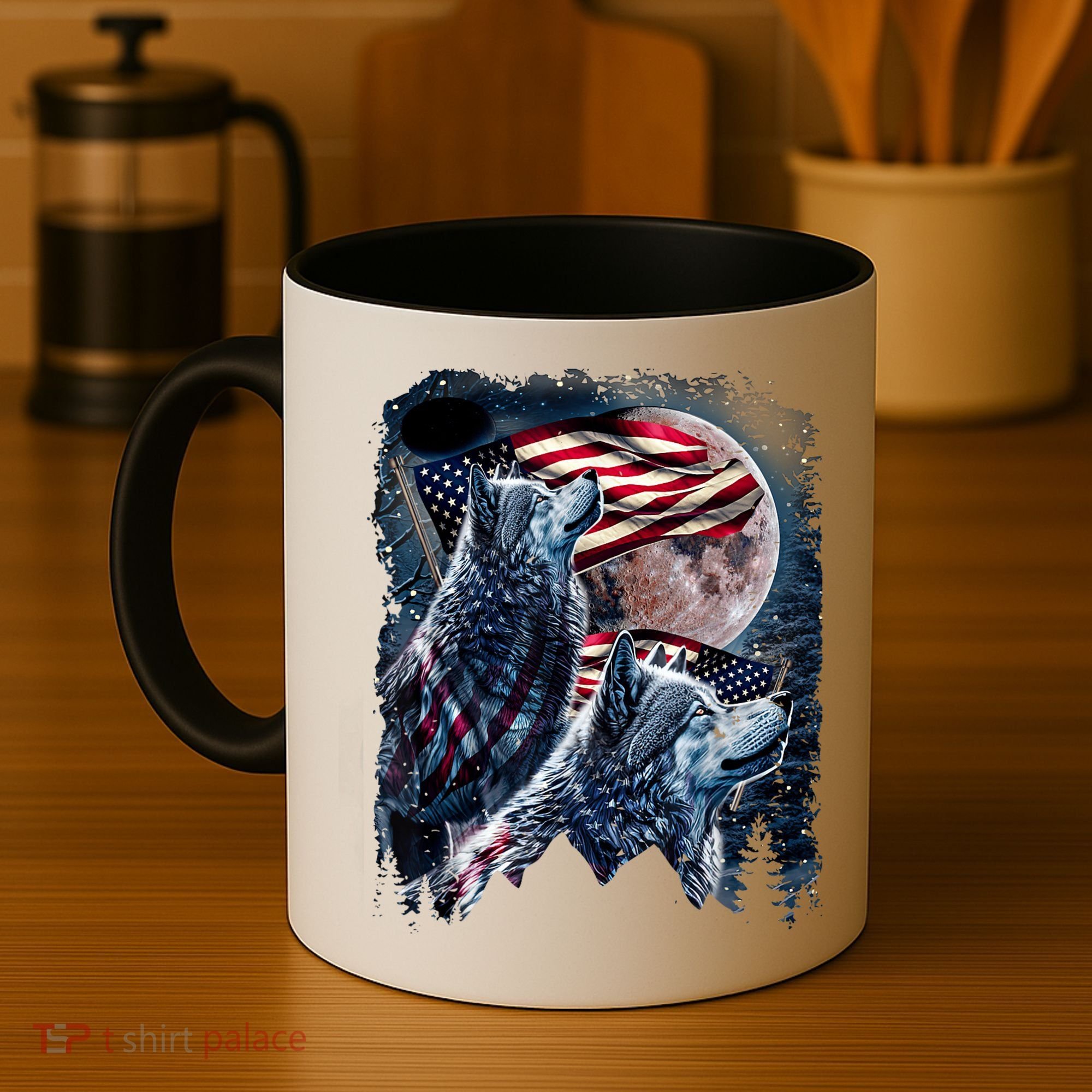 Wolf 4th Of July American Flag Howling Wolves Under Moon Coffee Mug