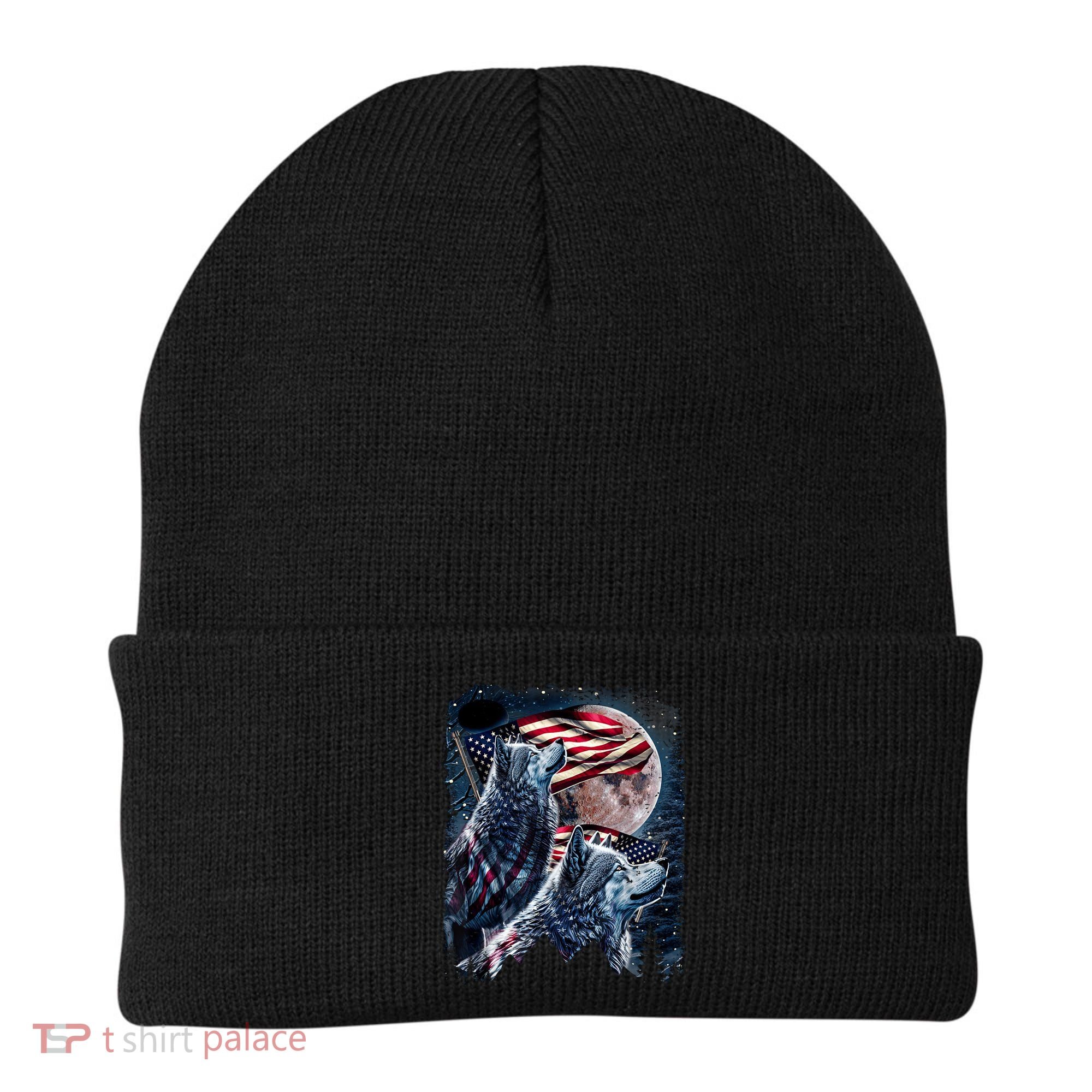 Wolf 4th Of July American Flag Howling Wolves Under Moon Beanie