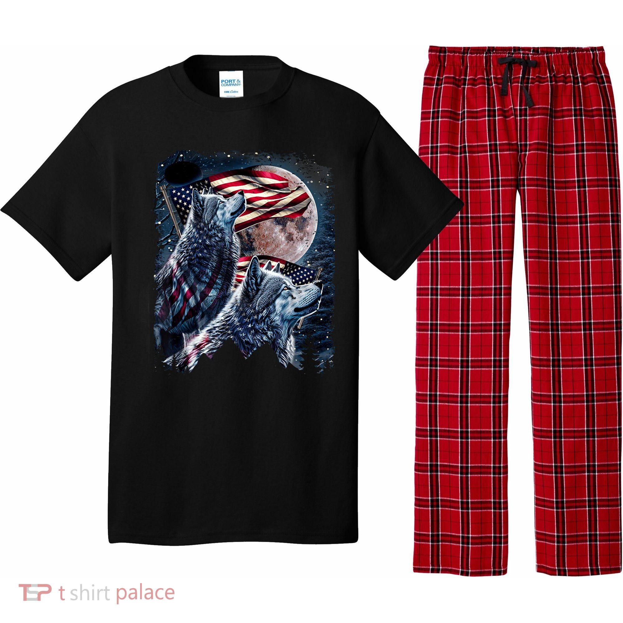 Wolf 4th Of July American Flag Howling Wolves Under Moon Pajama Set