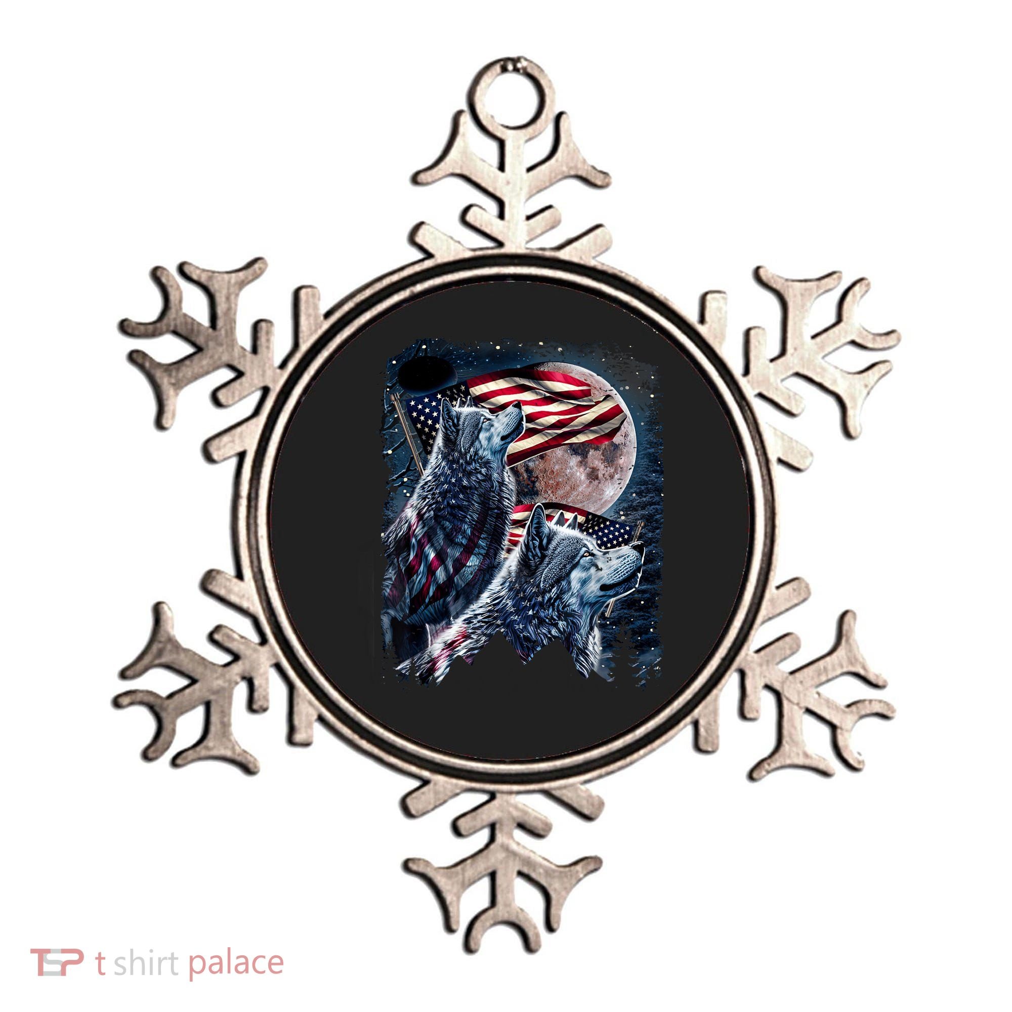 Wolf 4th Of July American Flag Howling Wolves Under Moon Ornament