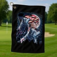 Wolf 4th Of July American Flag Howling Wolves Under Moon Golf Towel thumb 1