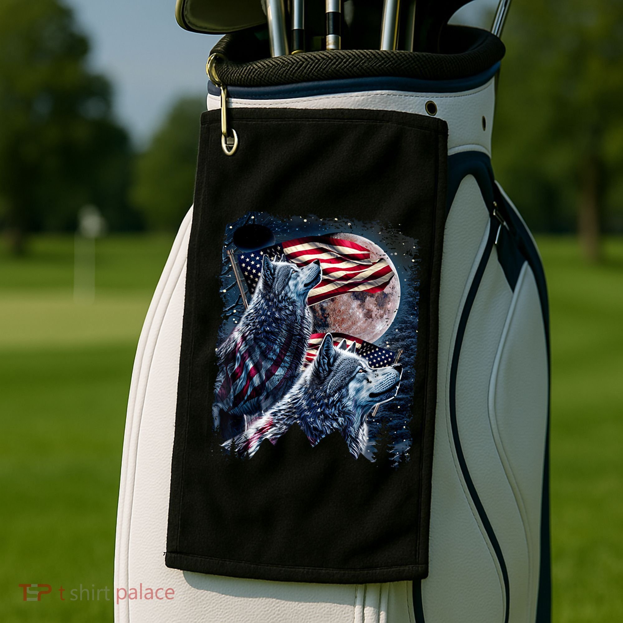 Wolf 4th Of July American Flag Howling Wolves Under Moon Golf Towel