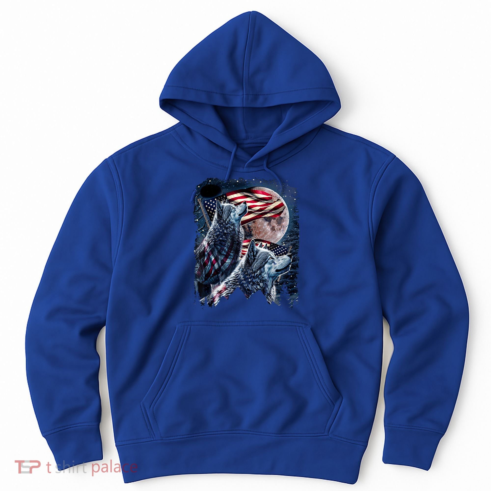 Wolf 4th Of July American Flag Howling Wolves Under Moon Hoodie