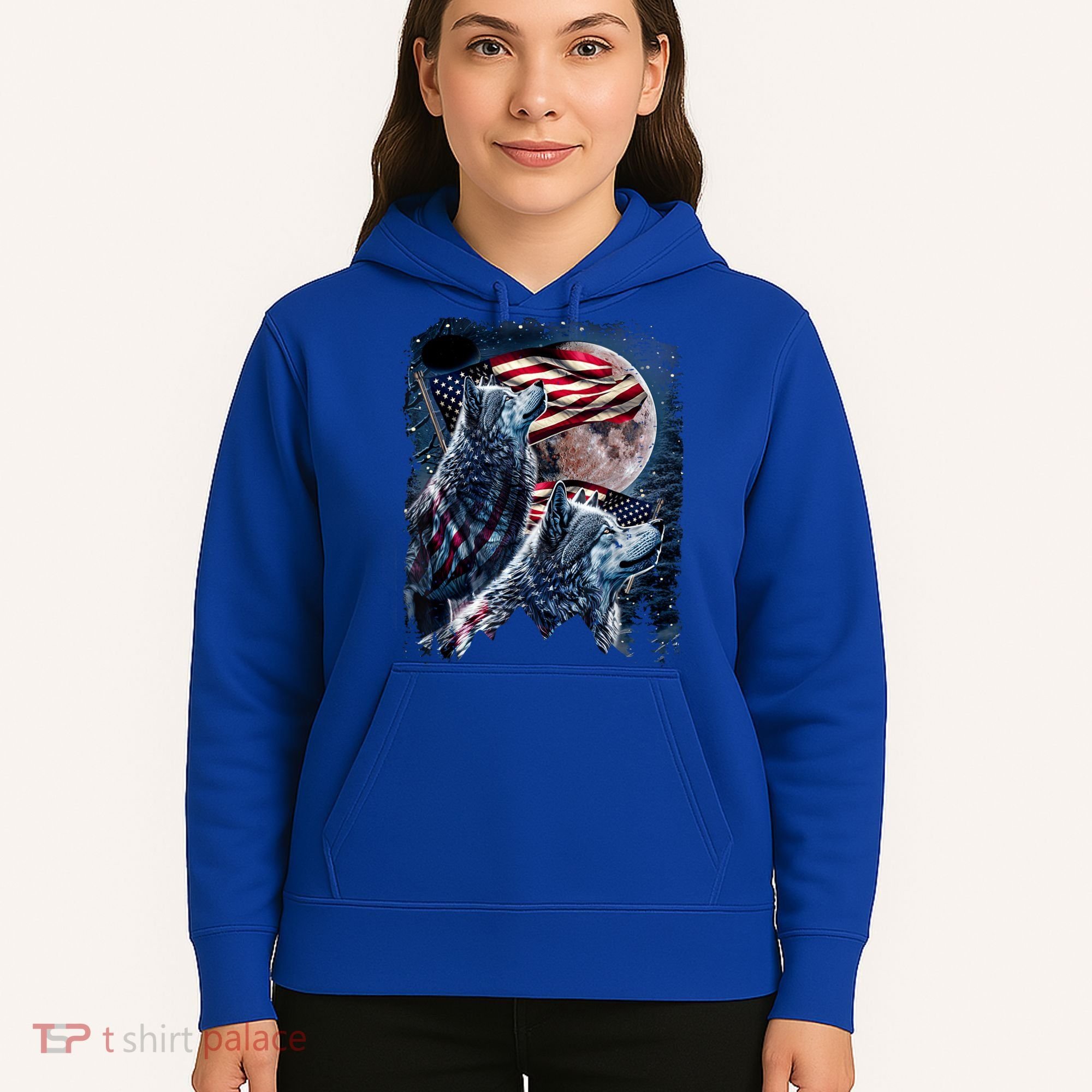 Wolf 4th Of July American Flag Howling Wolves Under Moon Hoodie