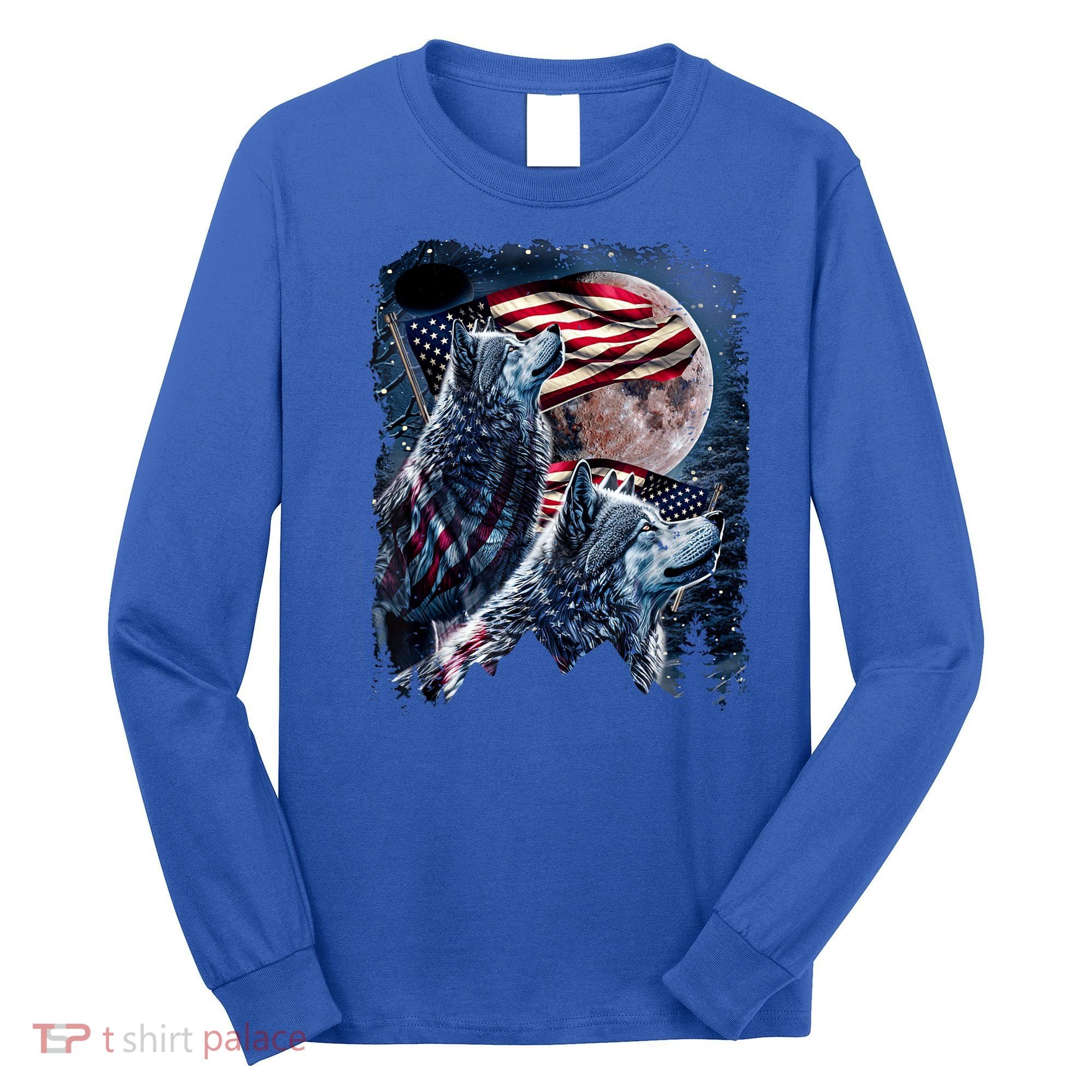 Wolf 4th Of July American Flag Howling Wolves Under Moon Long Sleeve Shirt