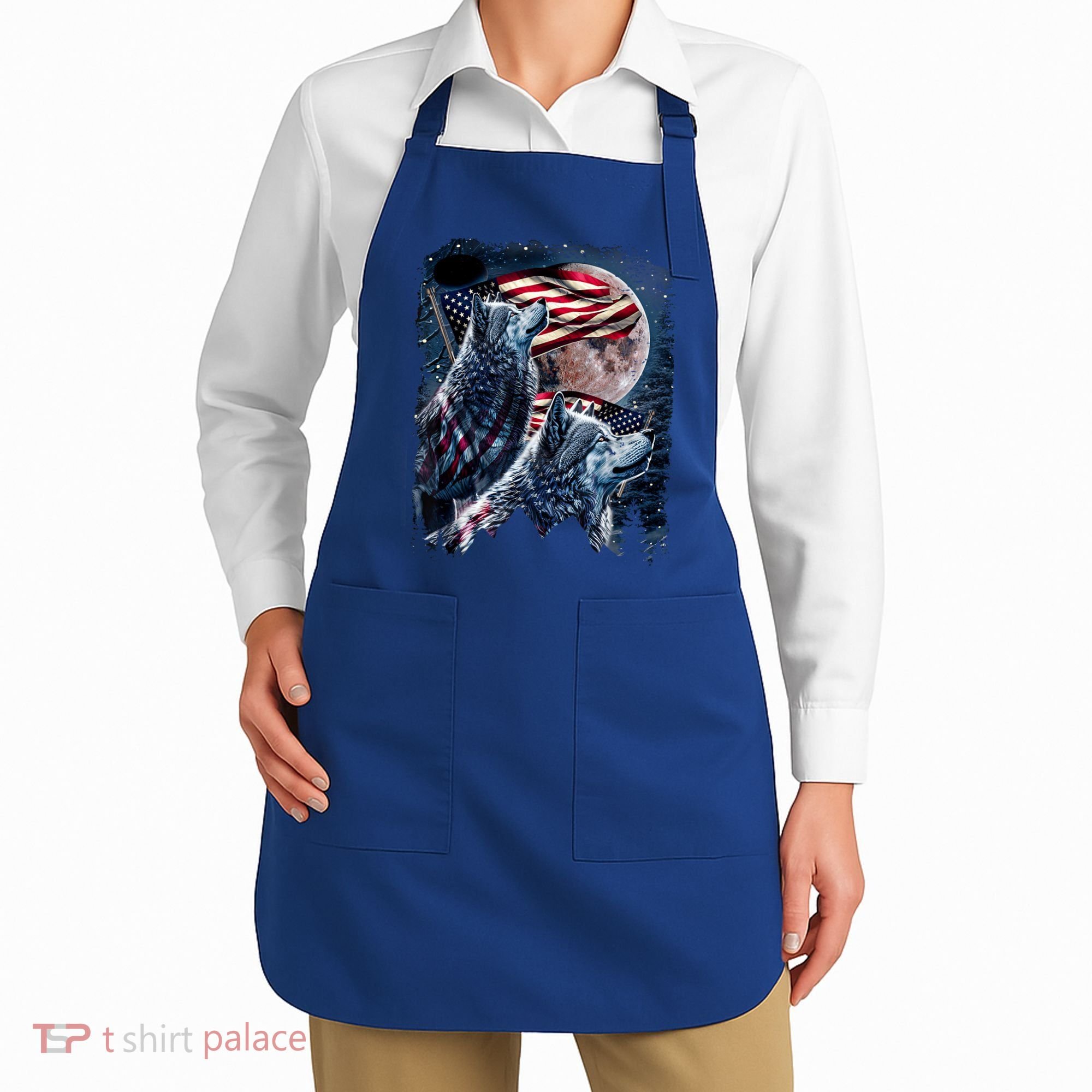 Wolf 4th Of July American Flag Howling Wolves Under Moon Apron