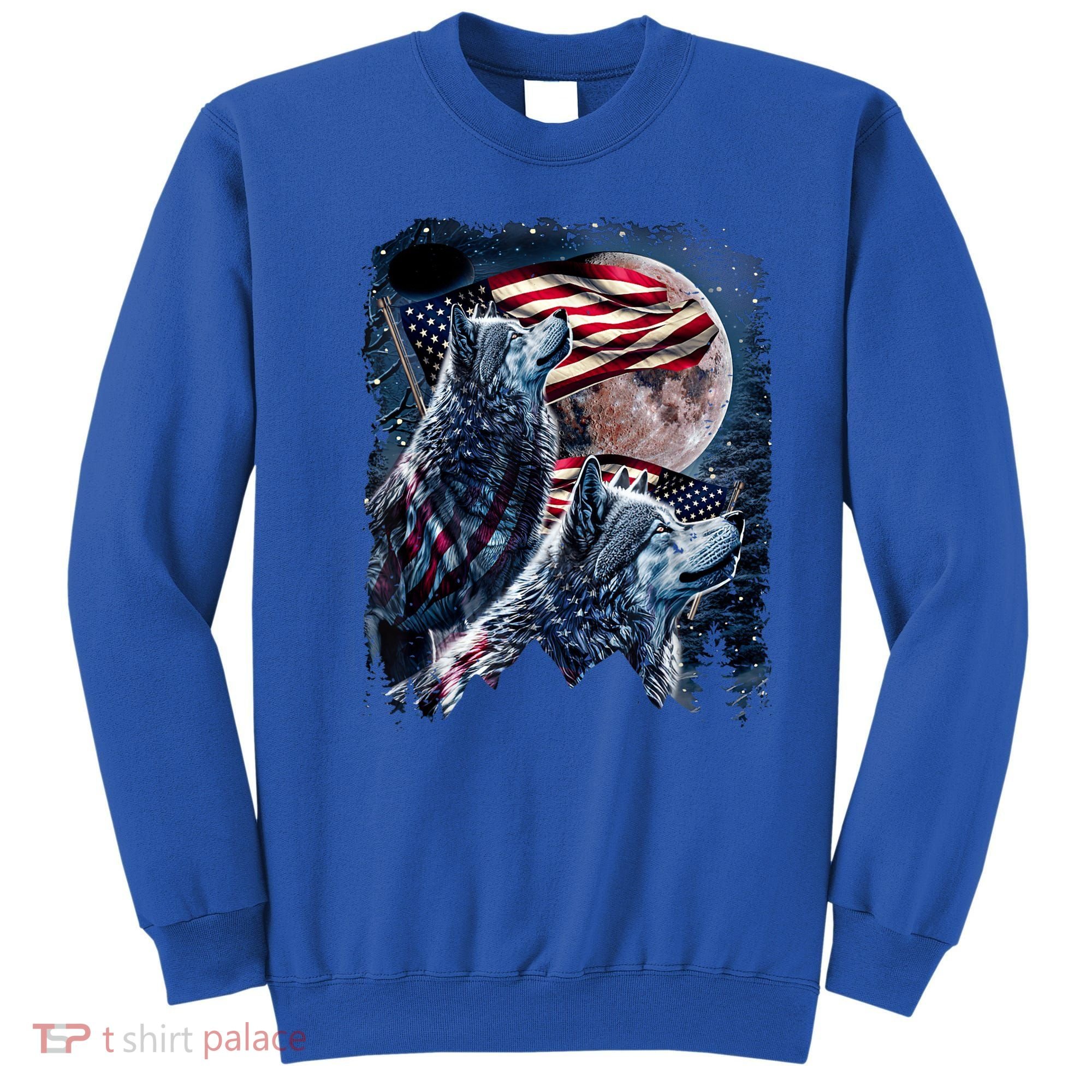 Wolf 4th Of July American Flag Howling Wolves Under Moon Sweatshirt