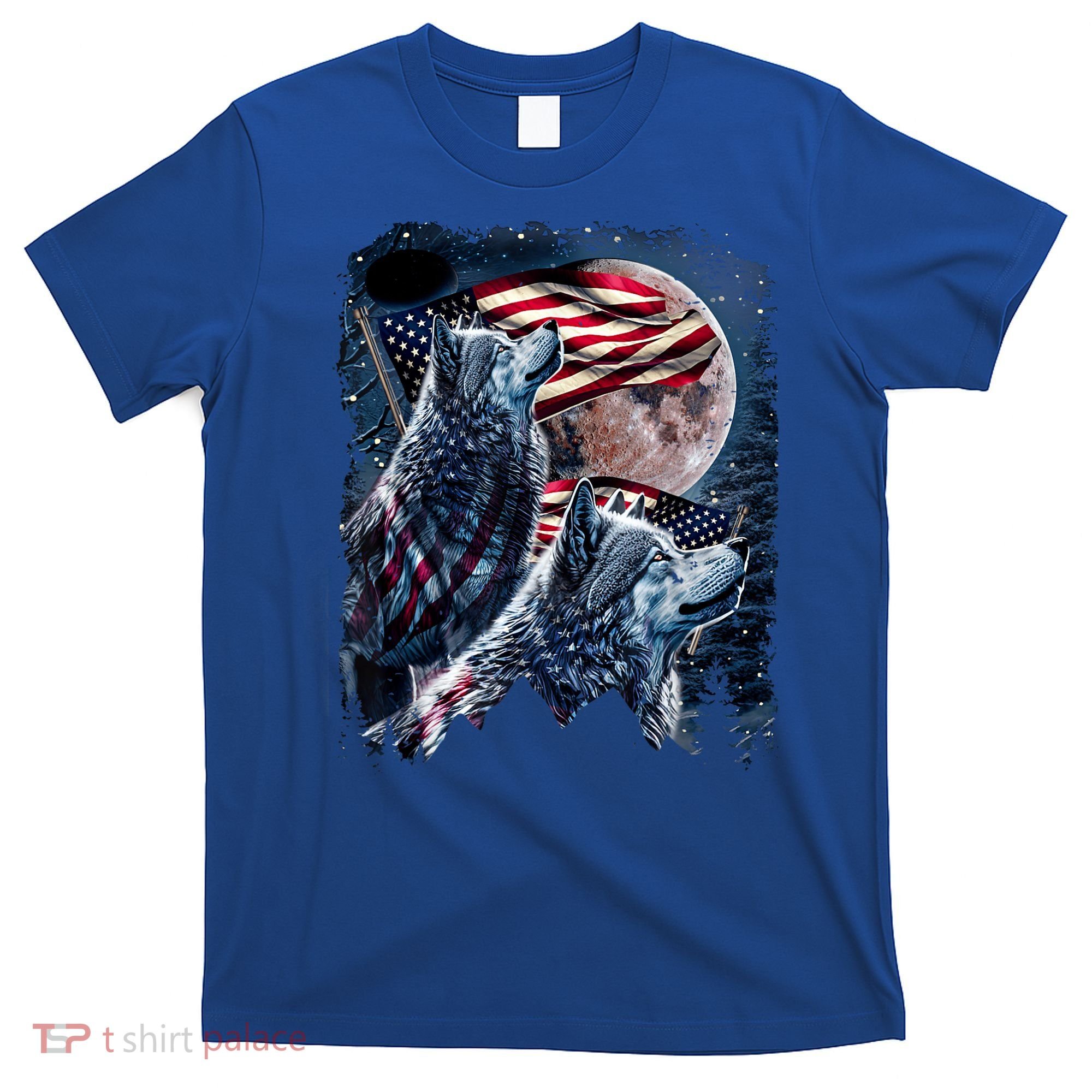 Wolf 4th Of July American Flag Howling Wolves Under Moon T-Shirt
