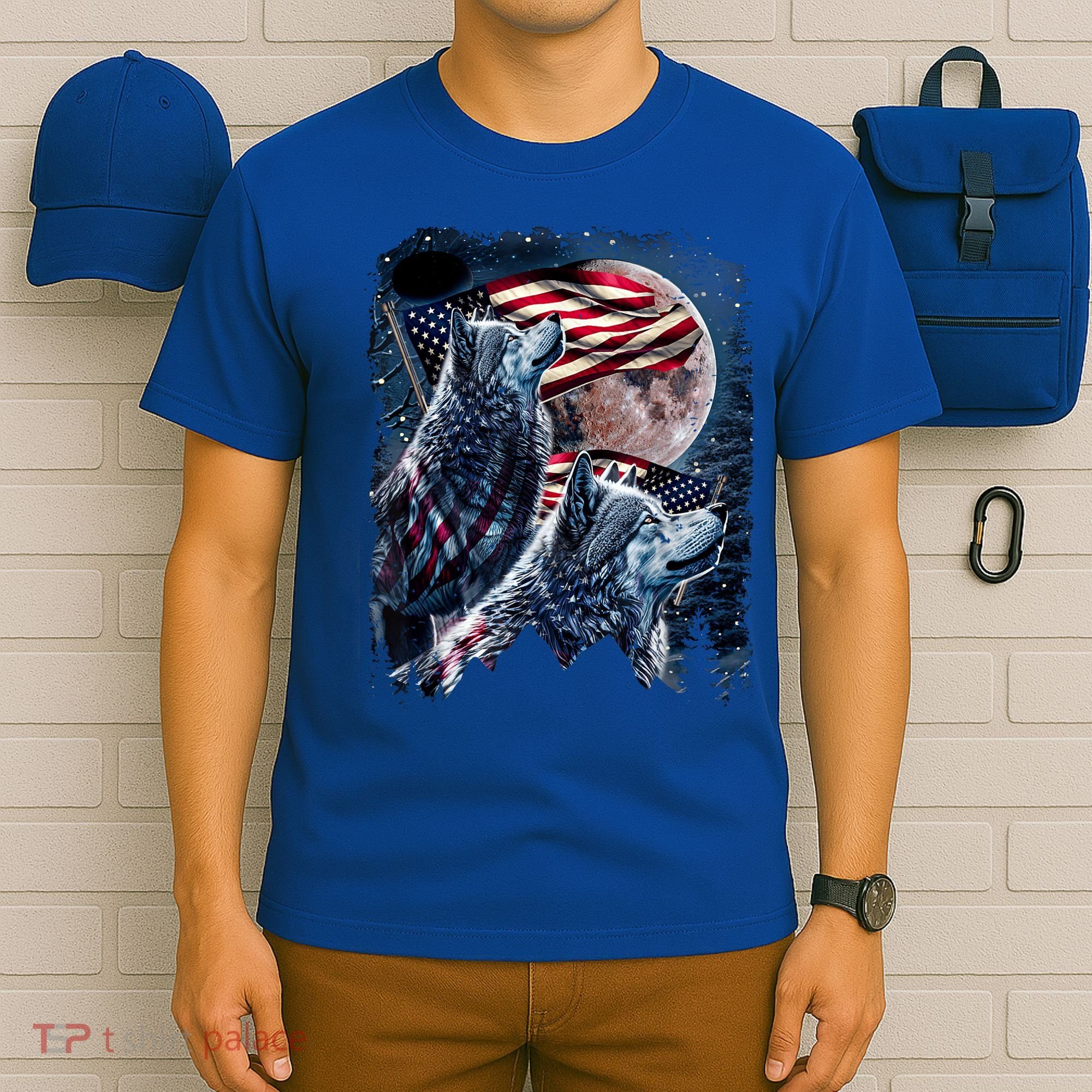 Wolf 4th Of July American Flag Howling Wolves Under Moon T-Shirt
