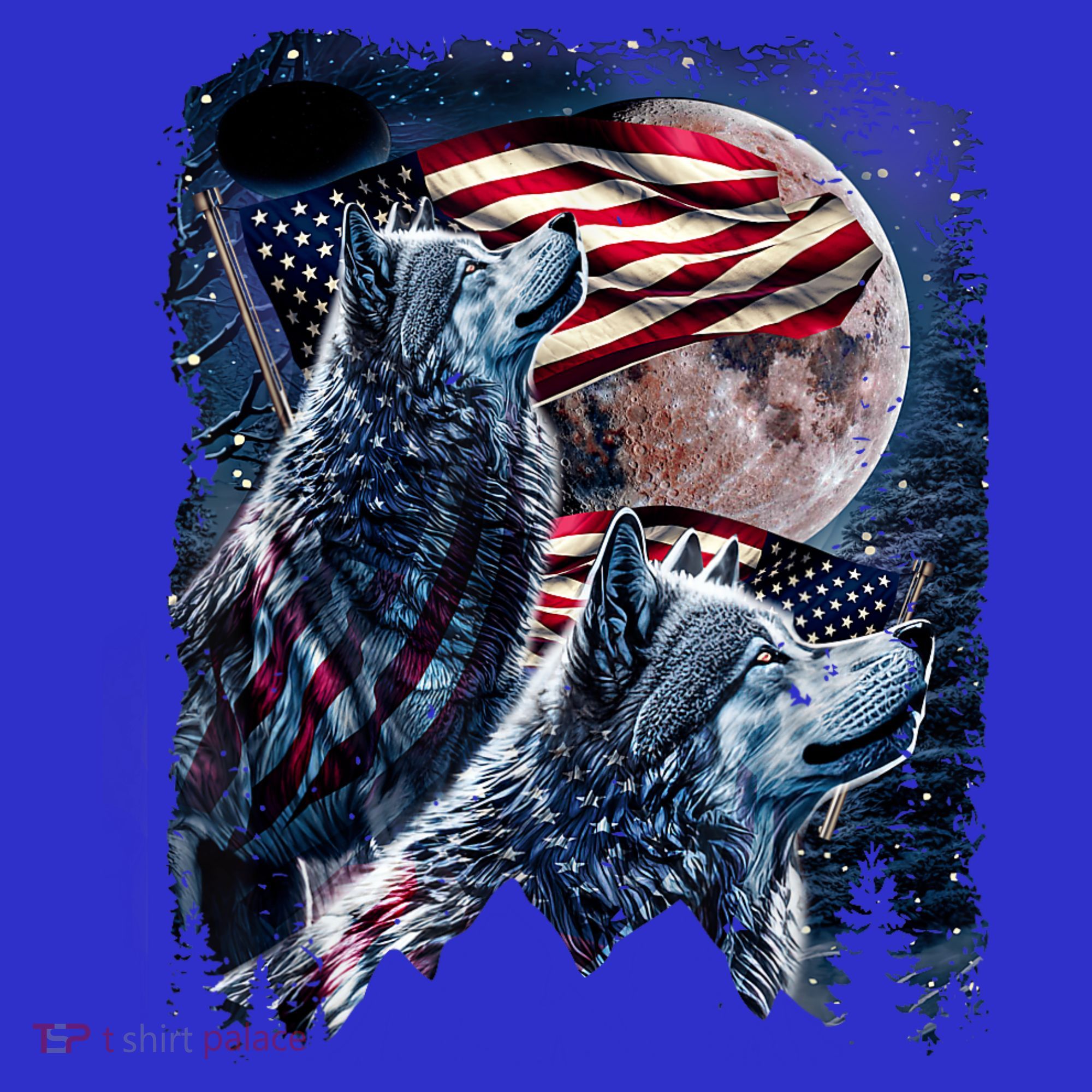 Wolf 4th Of July American Flag Howling Wolves Under Moon T-Shirt