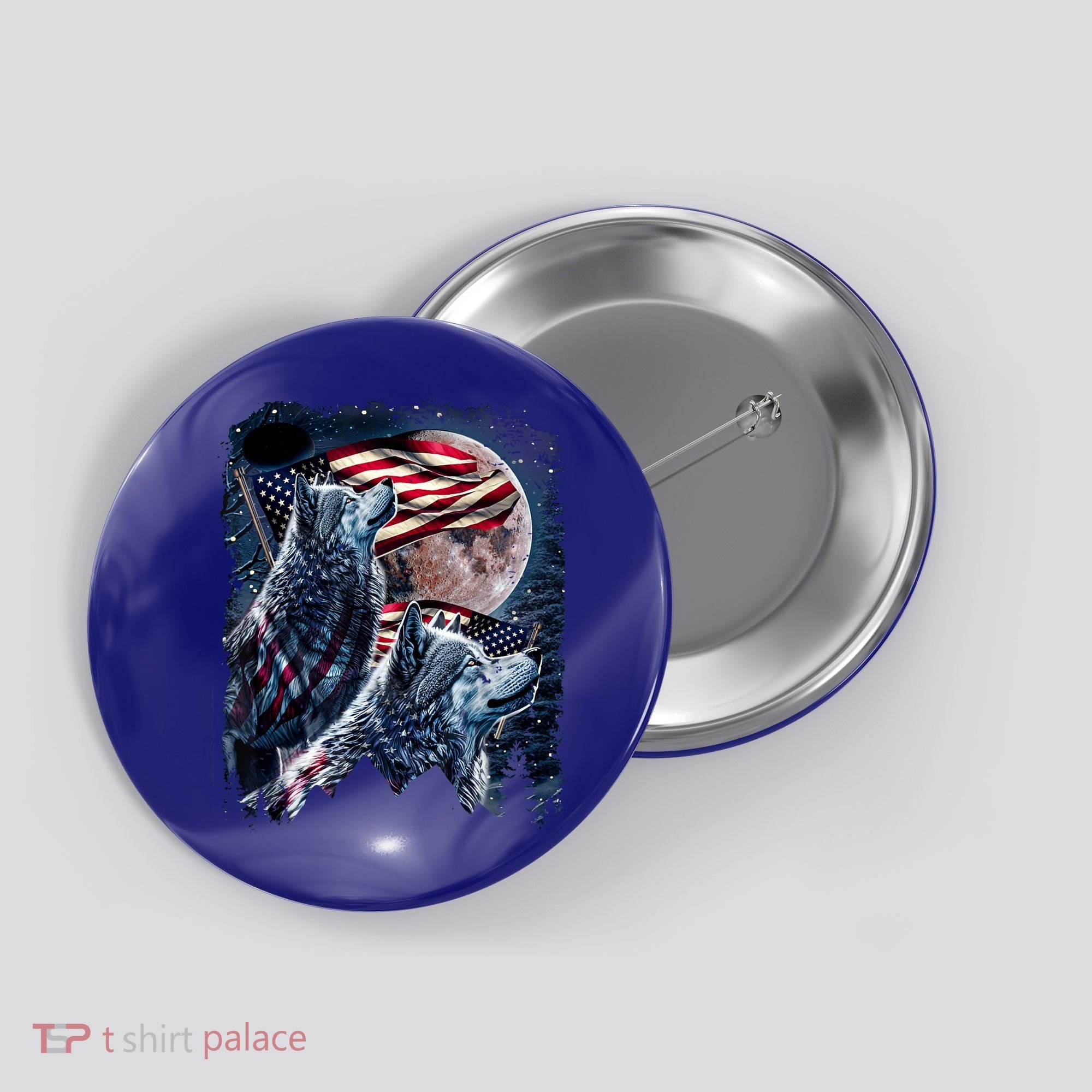 Wolf 4th Of July American Flag Howling Wolves Under Moon Button