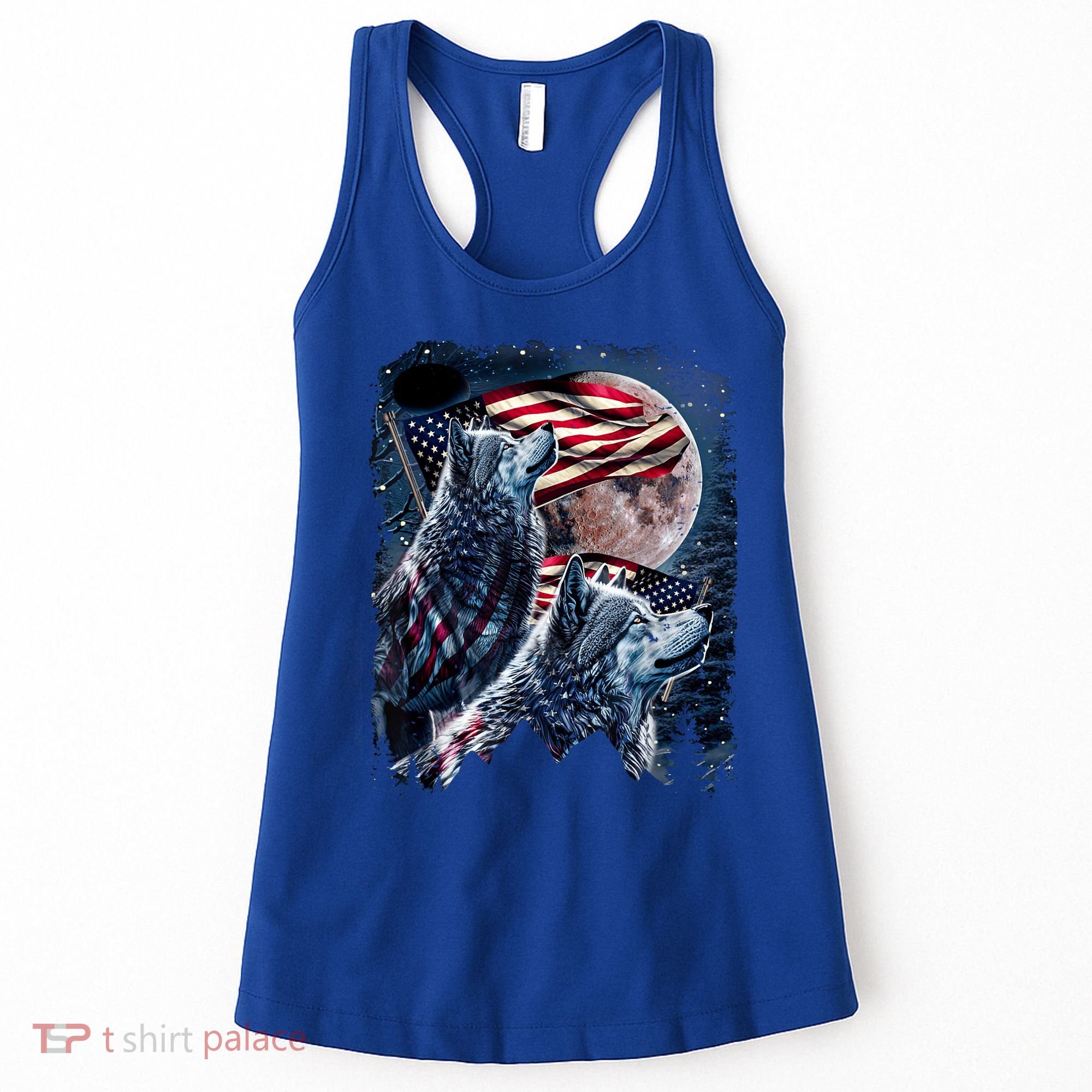 Wolf 4th Of July American Flag Howling Wolves Under Moon Women's Tank Top