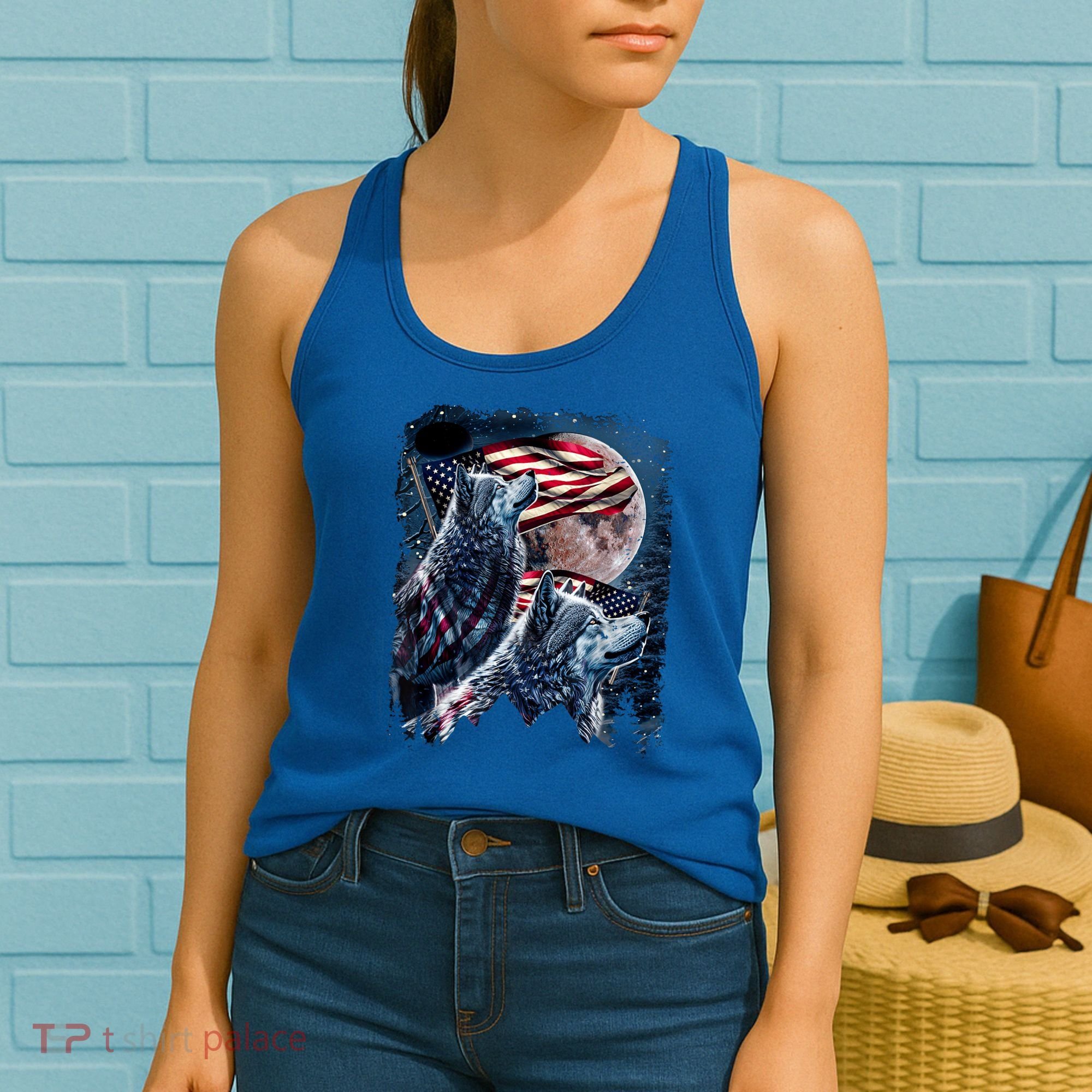 Wolf 4th Of July American Flag Howling Wolves Under Moon Women's Tank Top