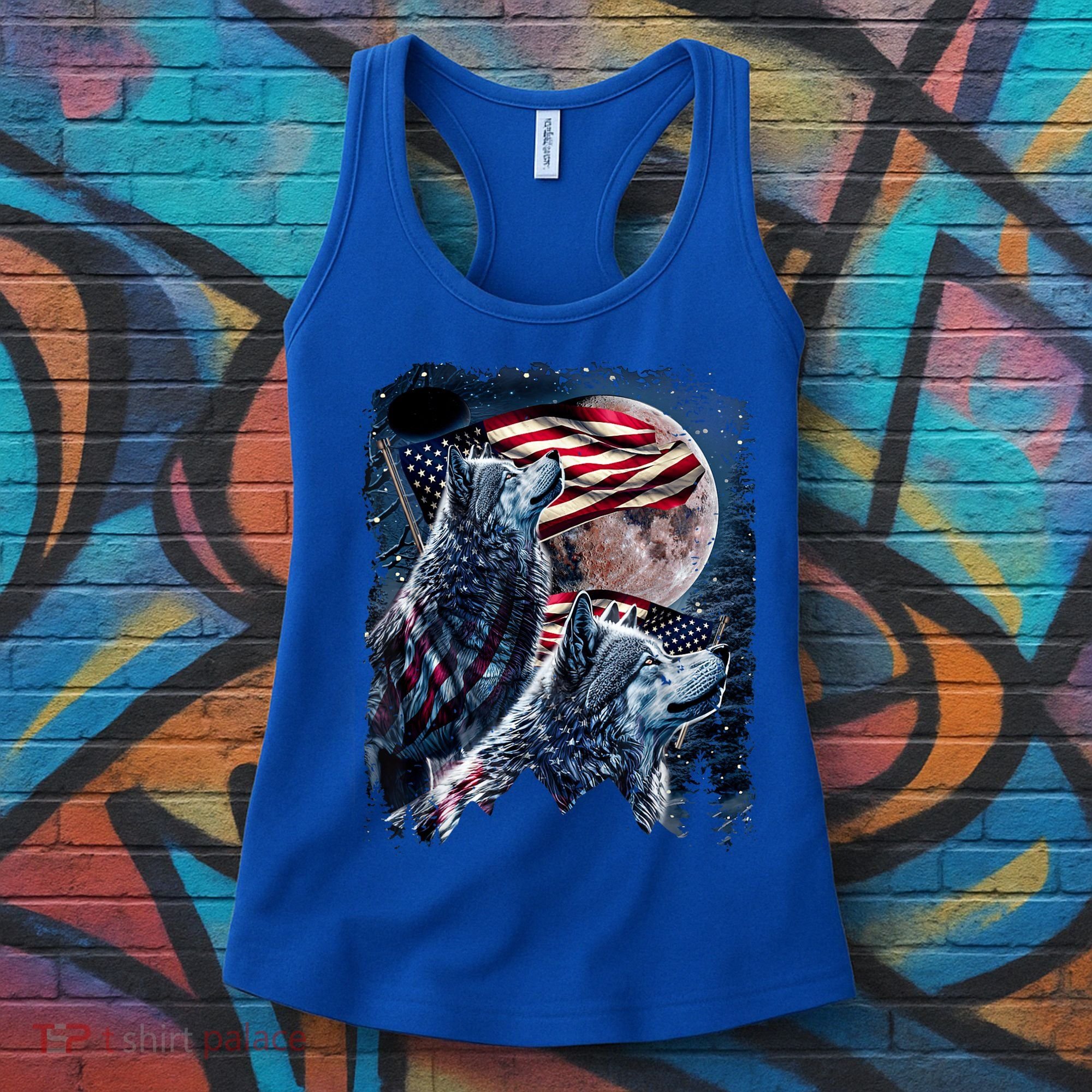 Wolf 4th Of July American Flag Howling Wolves Under Moon Women's Tank Top