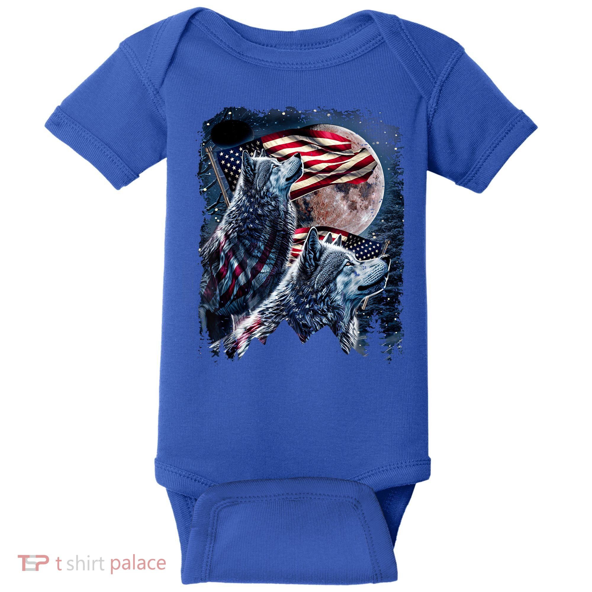 Wolf 4th Of July American Flag Howling Wolves Under Moon Baby Bodysuit