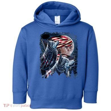 Wolf 4th Of July American Flag Howling Wolves Under Moon Toddler Hoodie