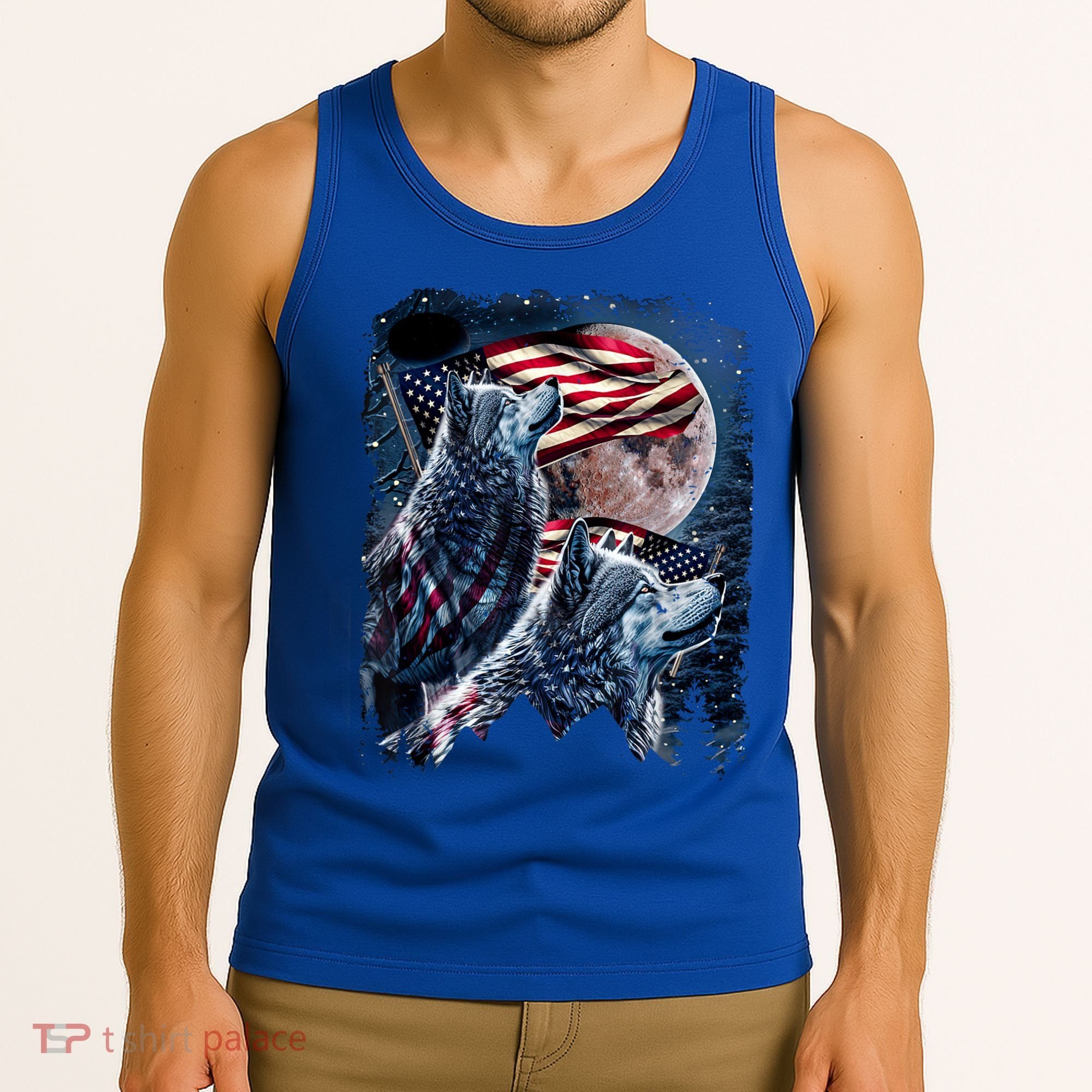 Wolf 4th Of July American Flag Howling Wolves Under Moon Tank Top