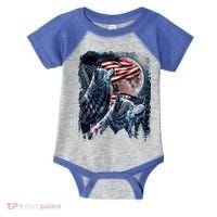 Wolf 4th Of July American Flag Howling Wolves Under Moon Infant Baby Jersey Bodysuit thumb 0