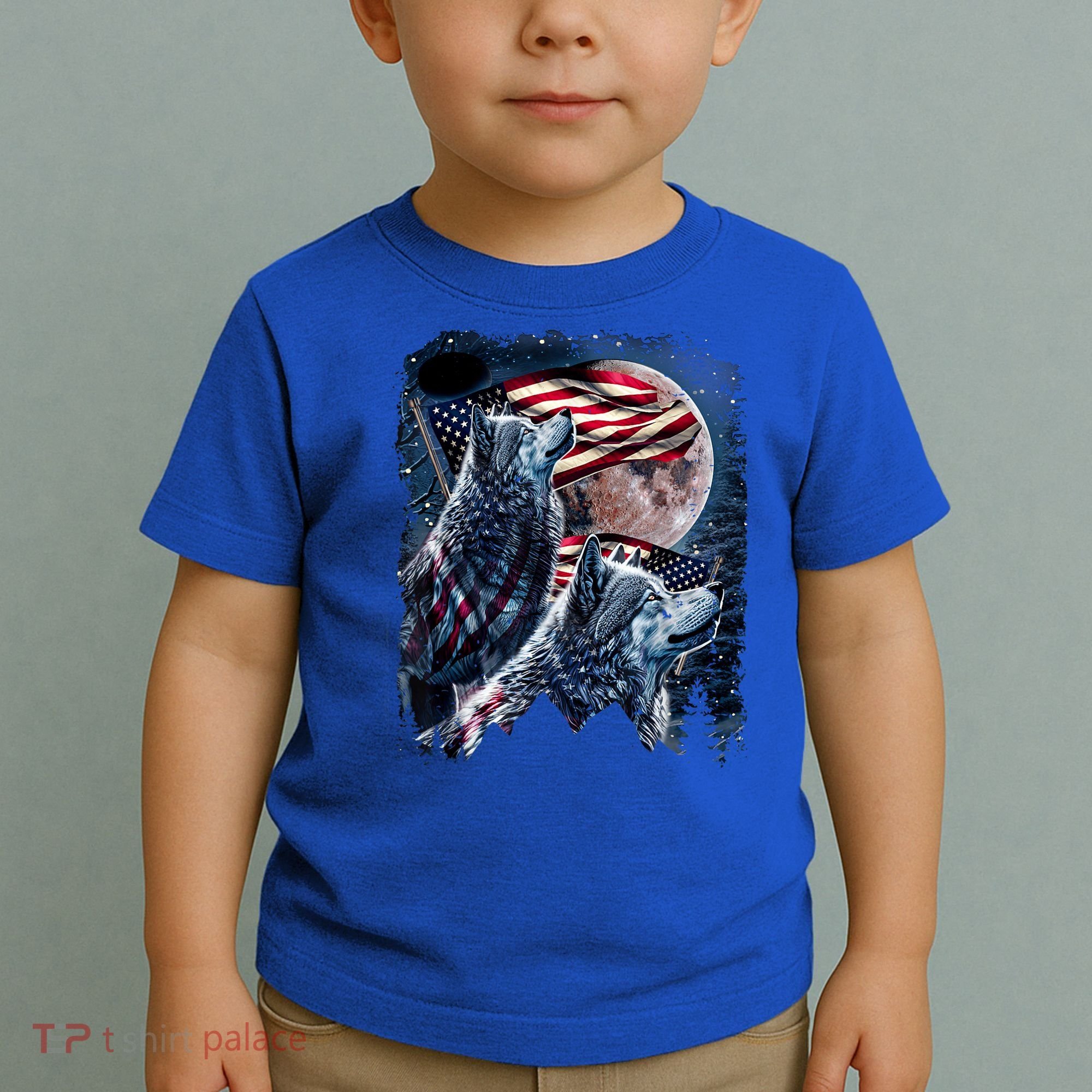Wolf 4th Of July American Flag Howling Wolves Under Moon Toddler T-Shirt