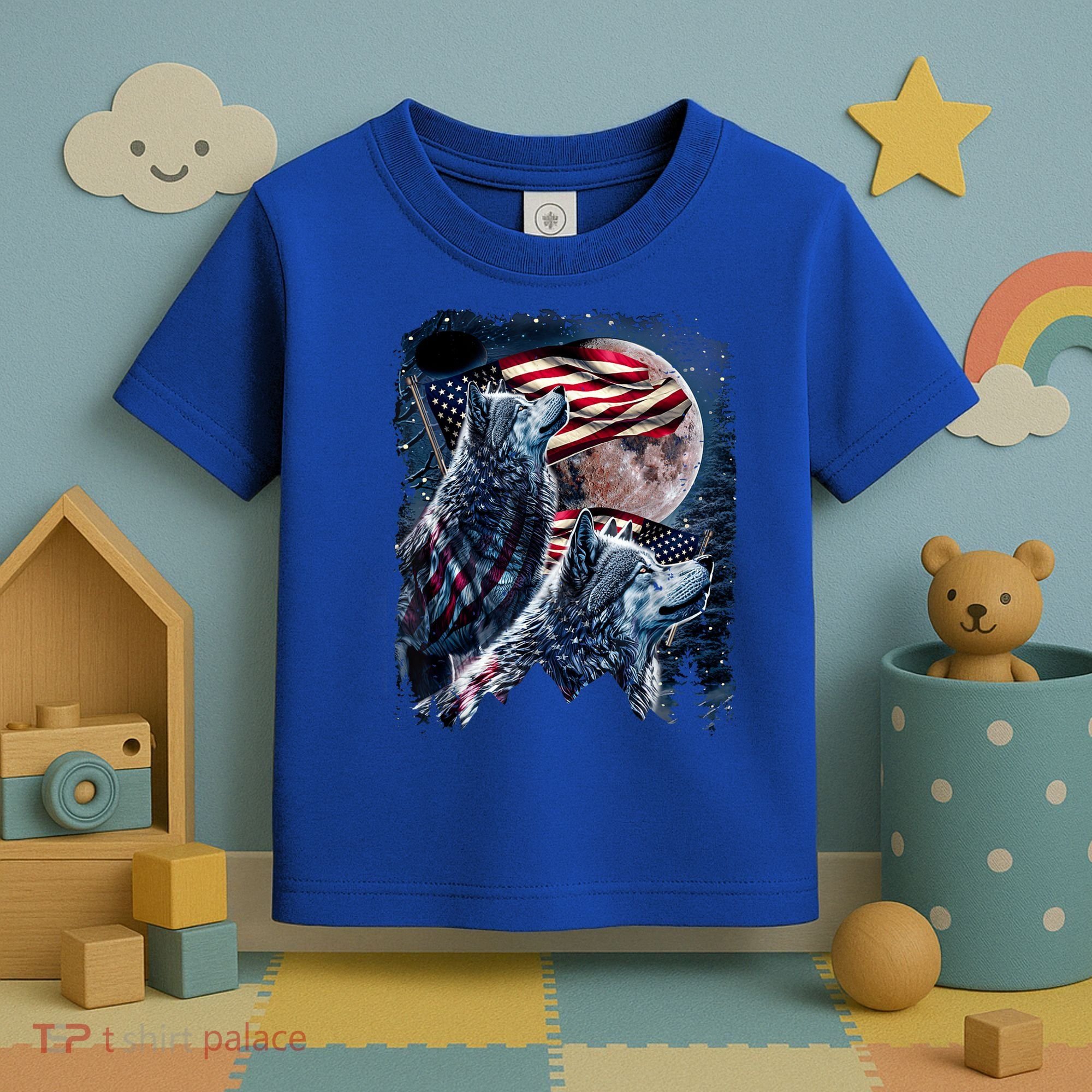 Wolf 4th Of July American Flag Howling Wolves Under Moon Toddler T-Shirt