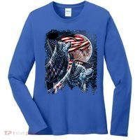 Wolf 4th Of July American Flag Howling Wolves Under Moon Women's Long Sleeve Shirt thumb 0