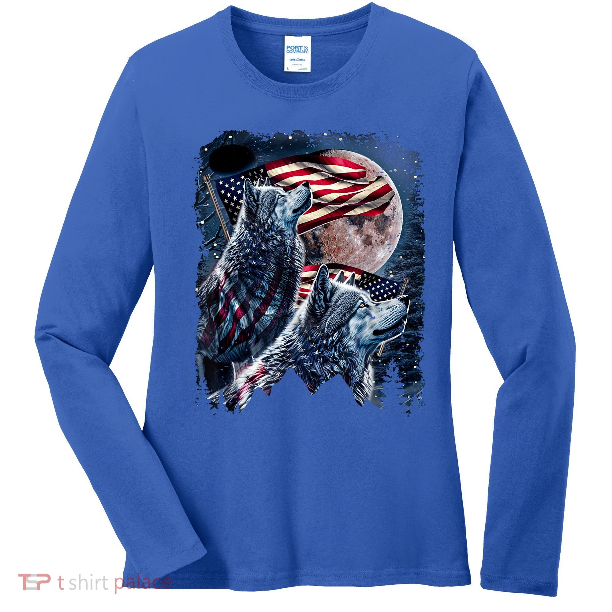 Wolf 4th Of July American Flag Howling Wolves Under Moon Women's Long Sleeve Shirt