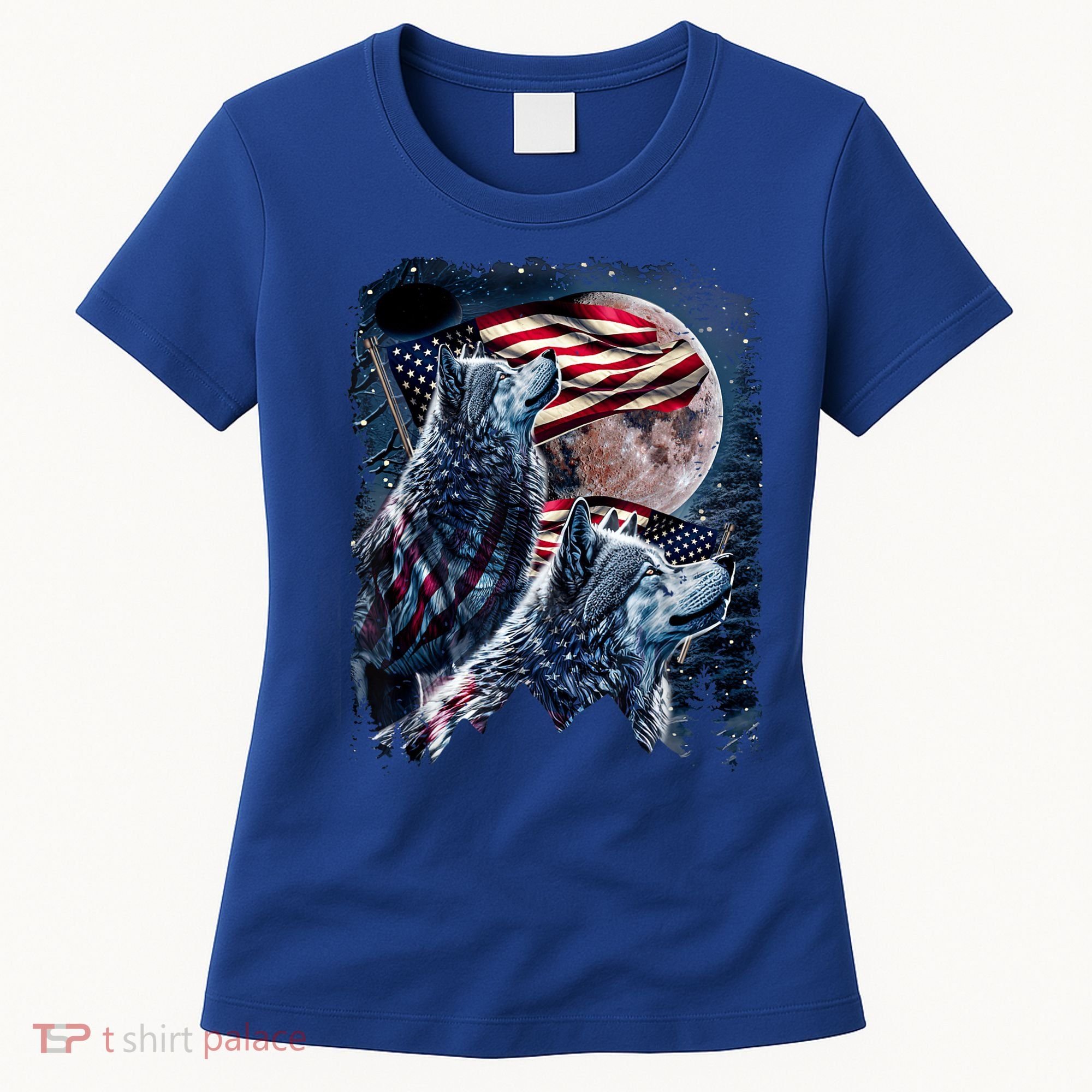 Wolf 4th Of July American Flag Howling Wolves Under Moon Women's T-Shirt