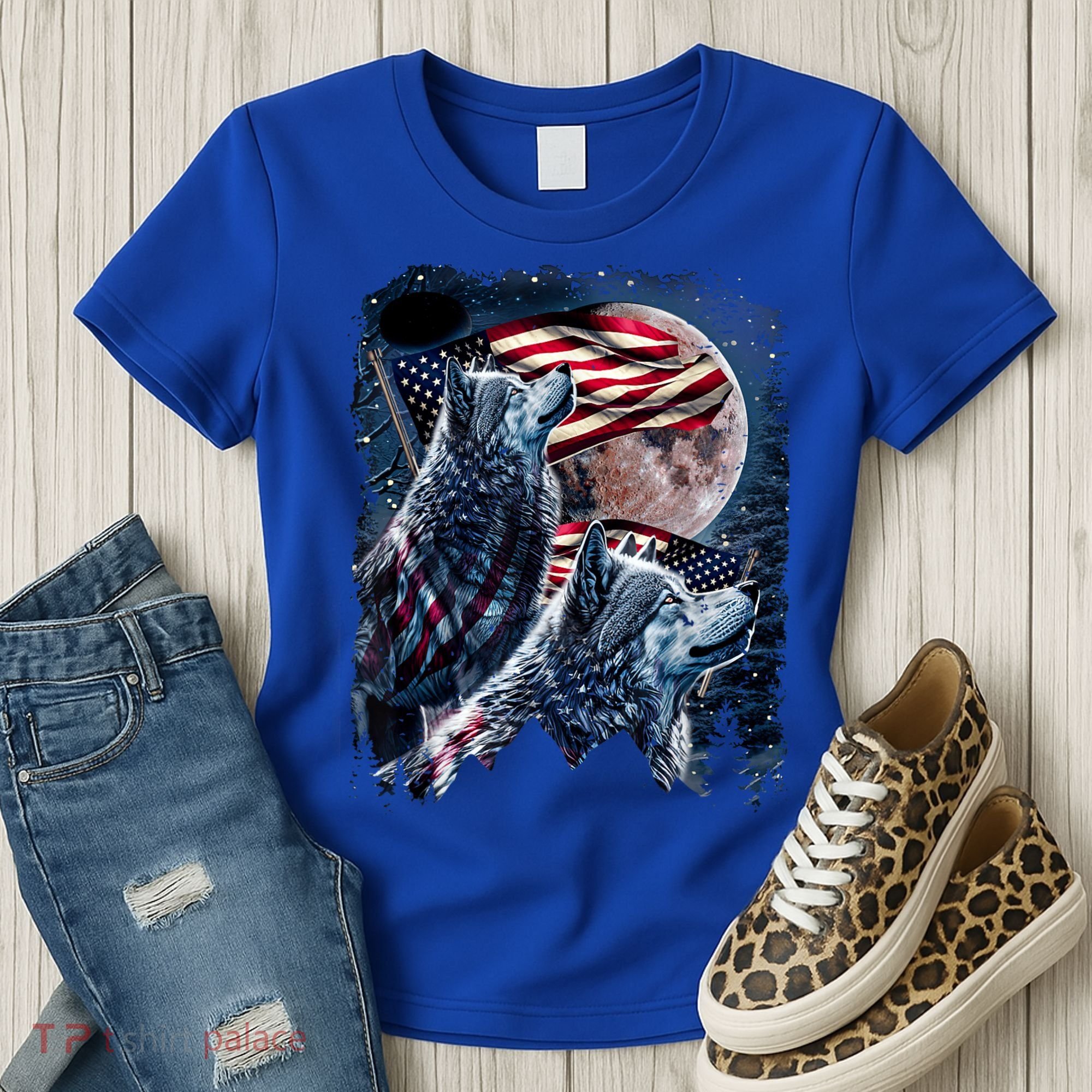 Wolf 4th Of July American Flag Howling Wolves Under Moon Women's T-Shirt