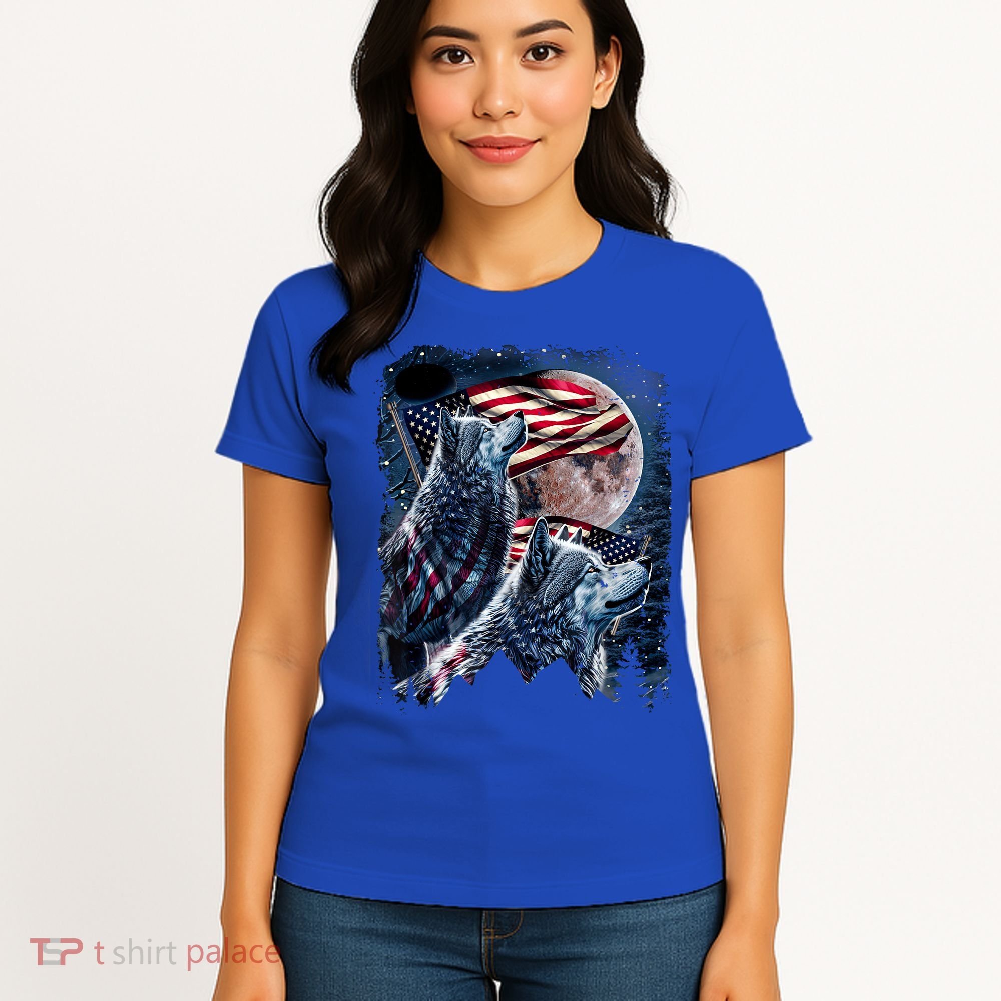 Wolf 4th Of July American Flag Howling Wolves Under Moon Women's T-Shirt