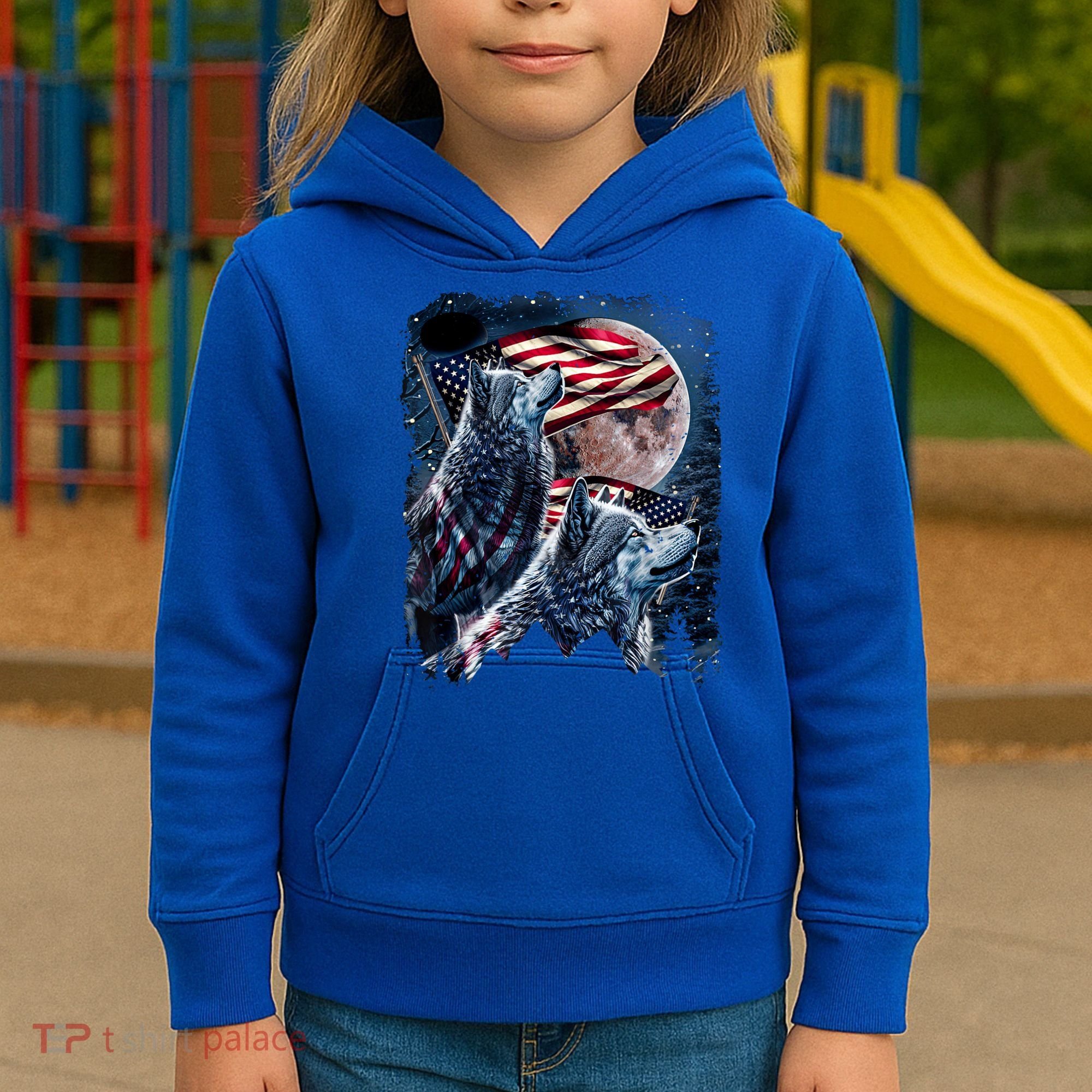 Wolf 4th Of July American Flag Howling Wolves Under Moon Kids Hoodie