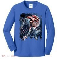 Wolf 4th Of July American Flag Howling Wolves Under Moon Kids Long Sleeve Shirt thumb 0