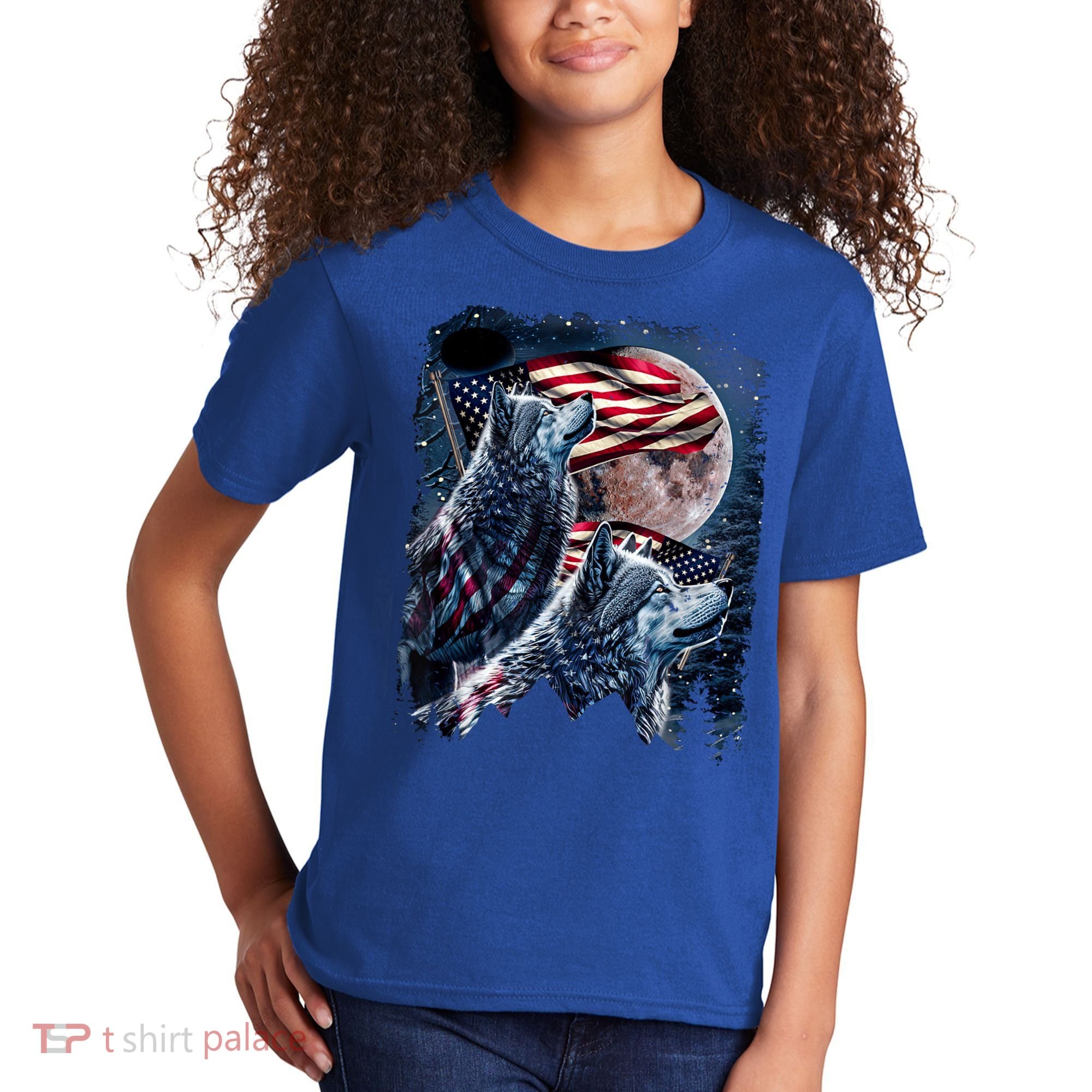 Wolf 4th Of July American Flag Howling Wolves Under Moon Kids T-Shirt