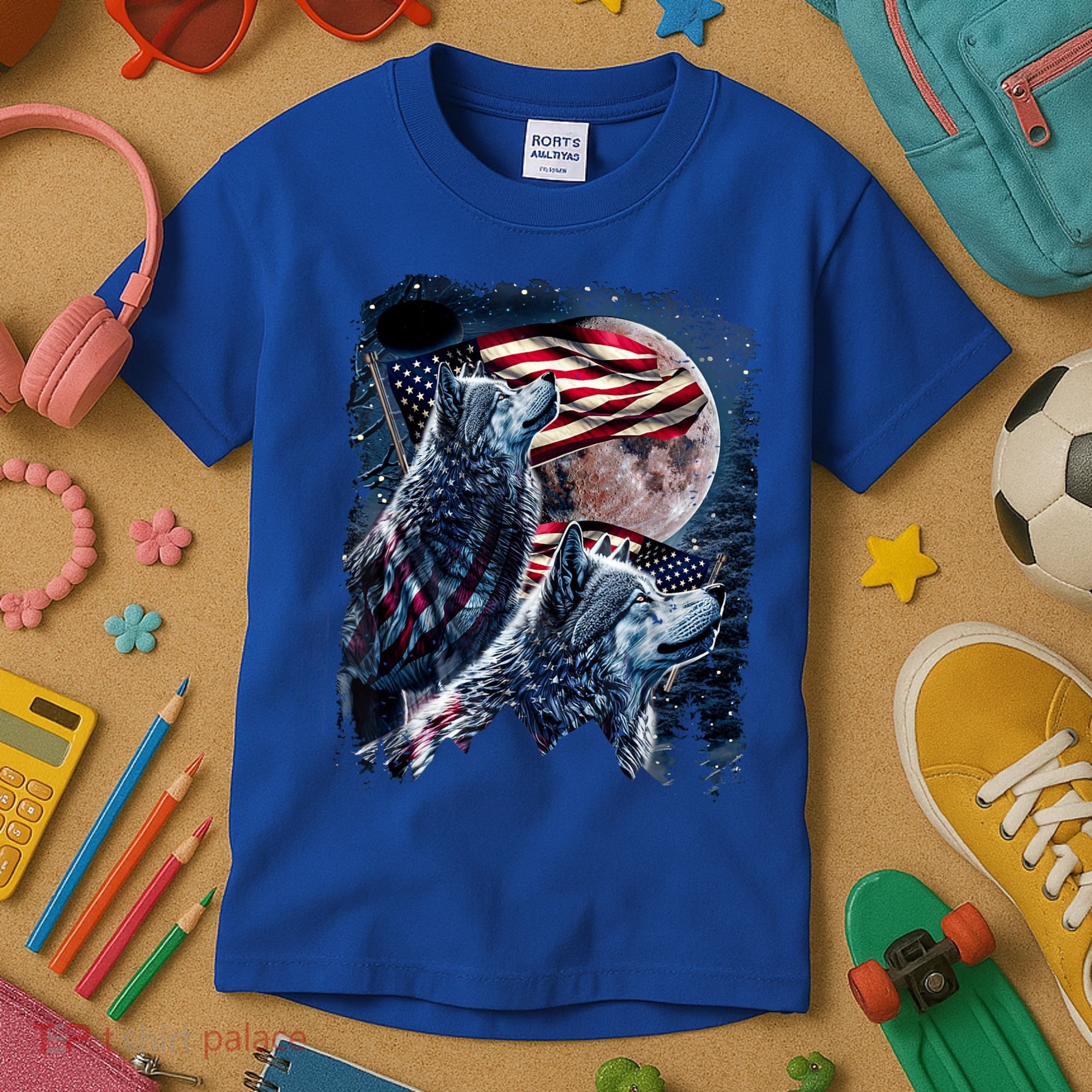 Wolf 4th Of July American Flag Howling Wolves Under Moon Kids T-Shirt