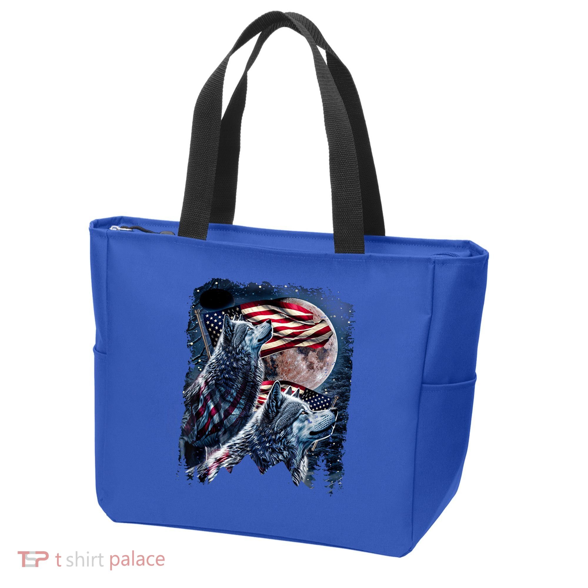 Wolf 4th Of July American Flag Howling Wolves Under Moon Tote Bag