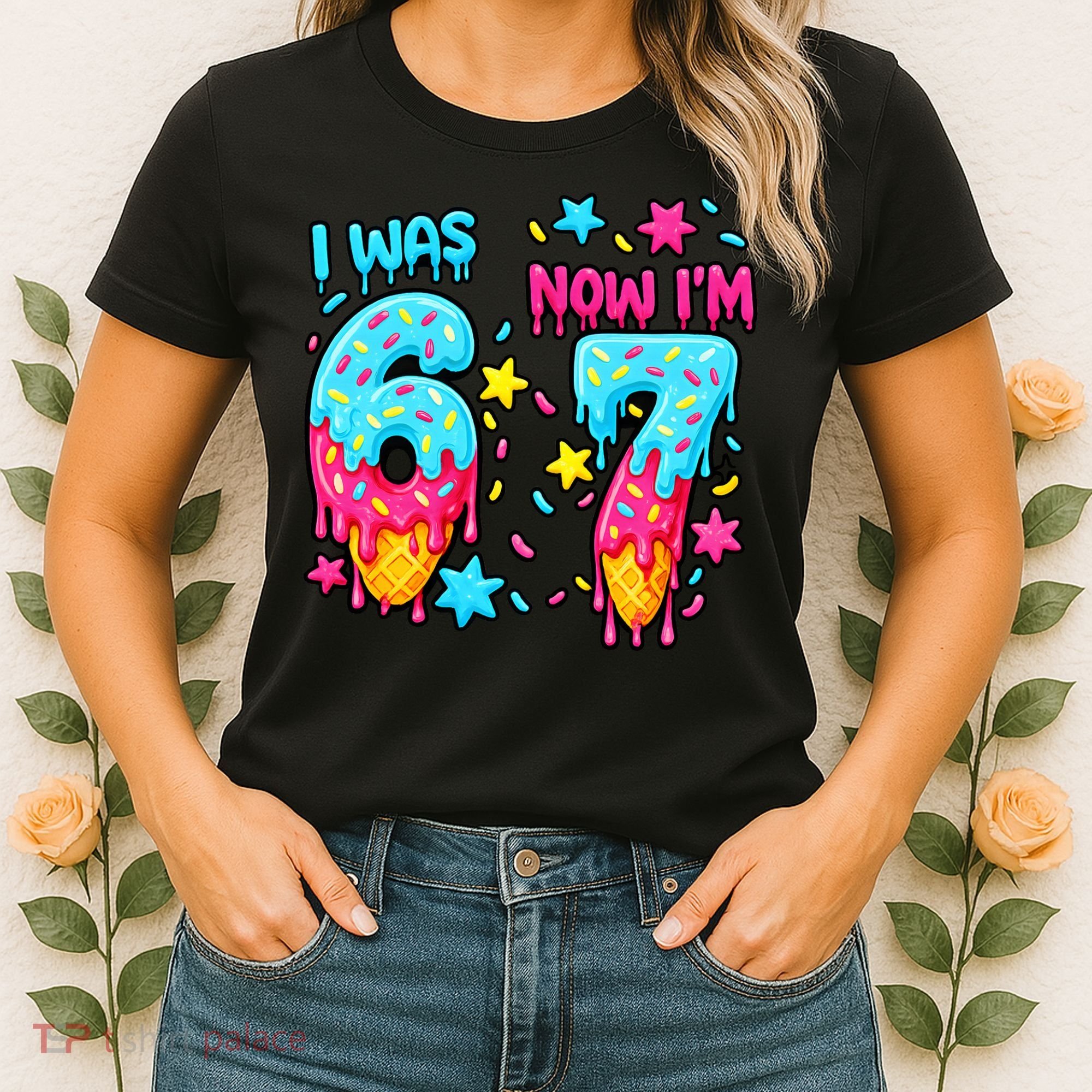  Was 6 Now I'm 7th Birthday Ice Cream Drip 6-7 Meme Women's T-Shirt