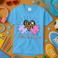 Wild About Acceptance Autism Awareness Puzzle Heart Kids T-Shirt thumb 3