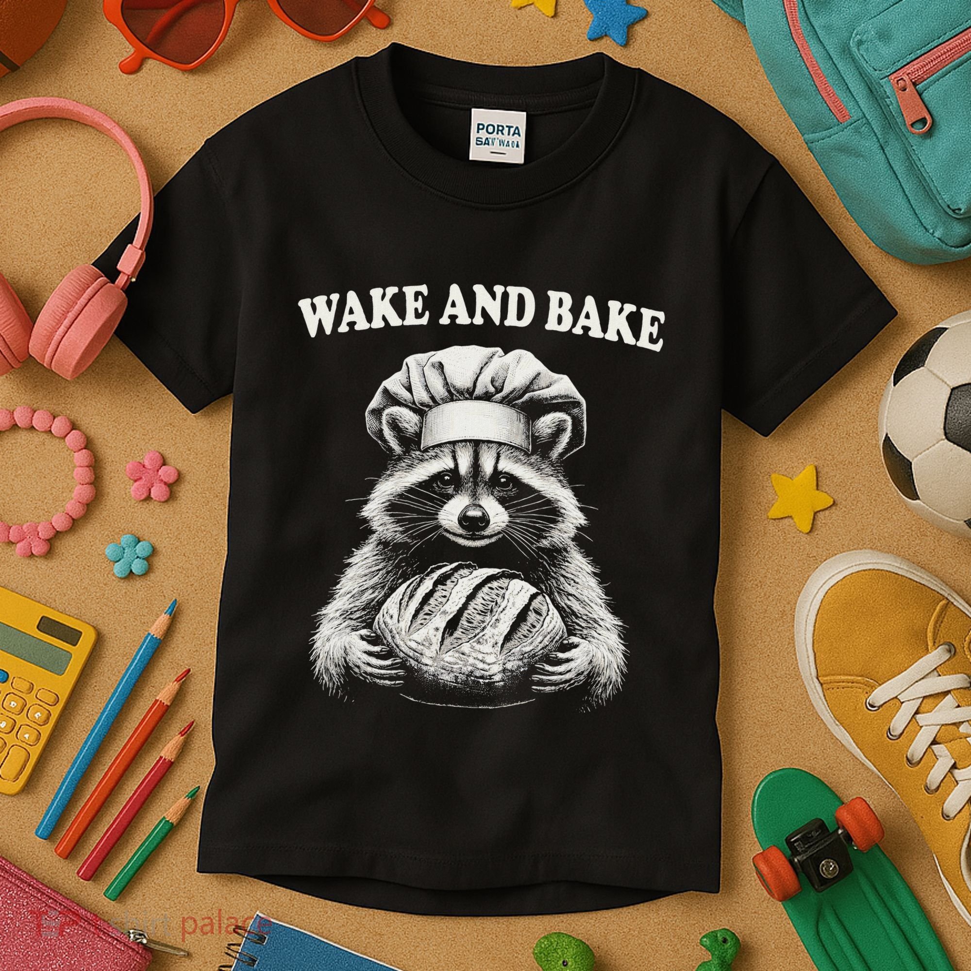 Wake And Bake Sourdough Funny Raccoon Baker Meme Kids T-Shirt