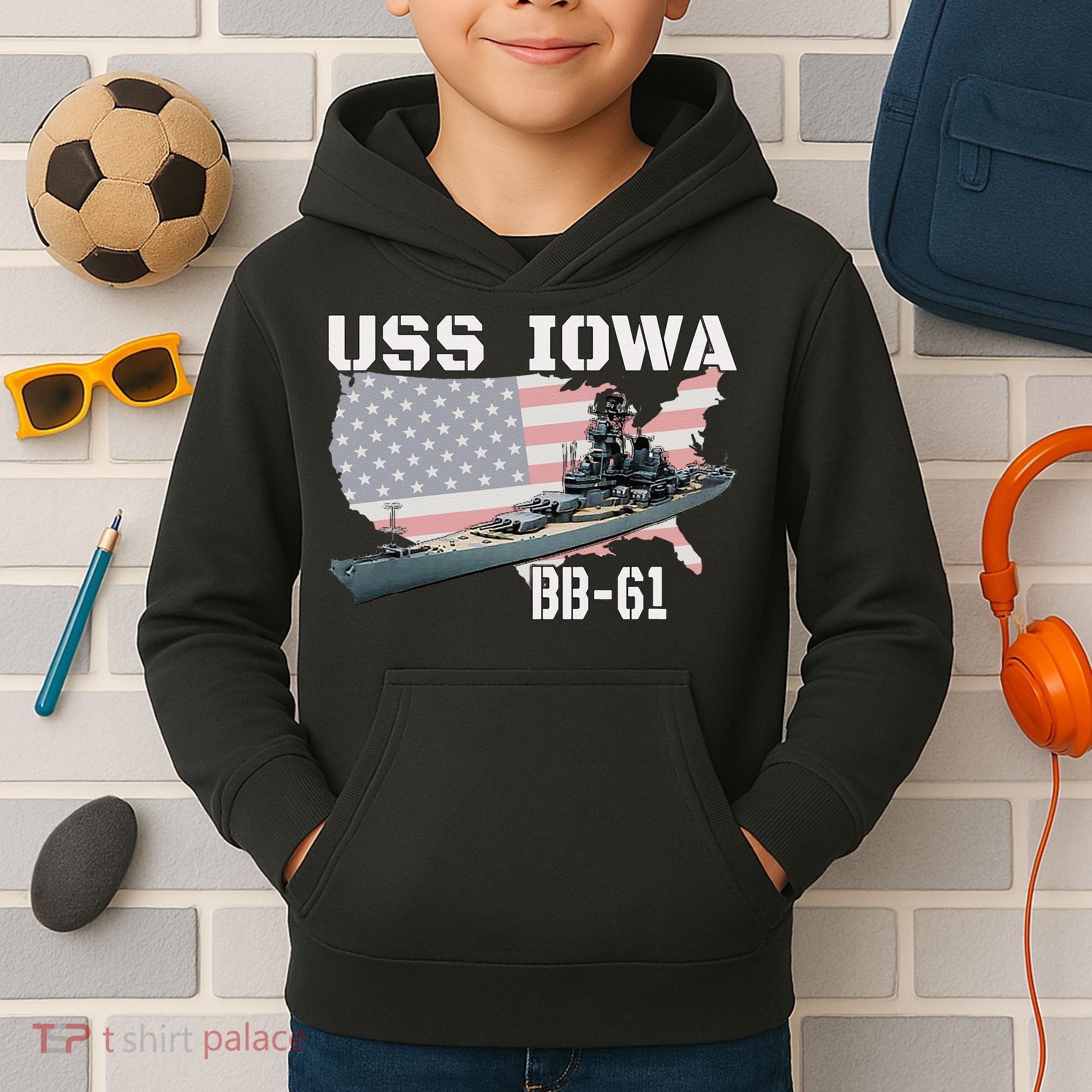 WW2 American Battleship USS Iowa Warship BB 61 Veterans Kids Hoodie