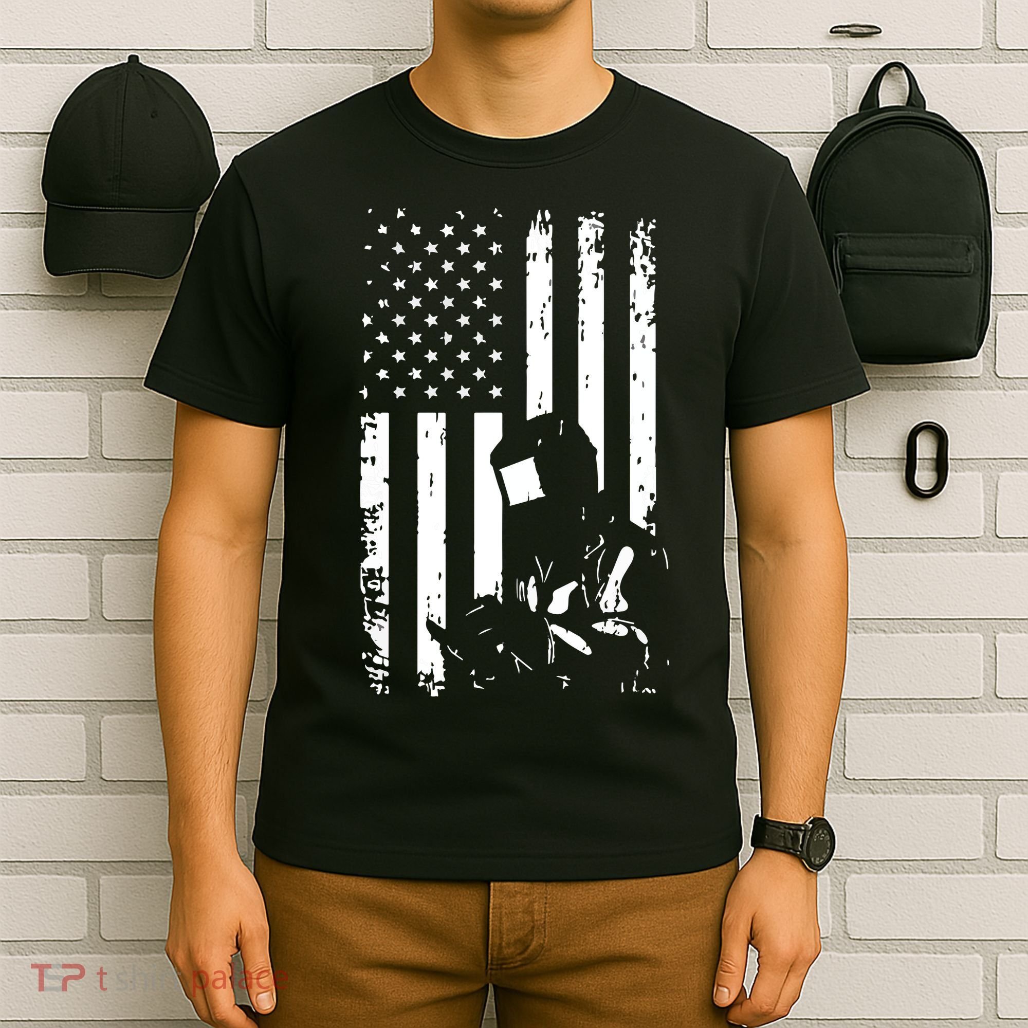 Welder American Flag Welding Gift Usa Distressed Helmet T-Shirt