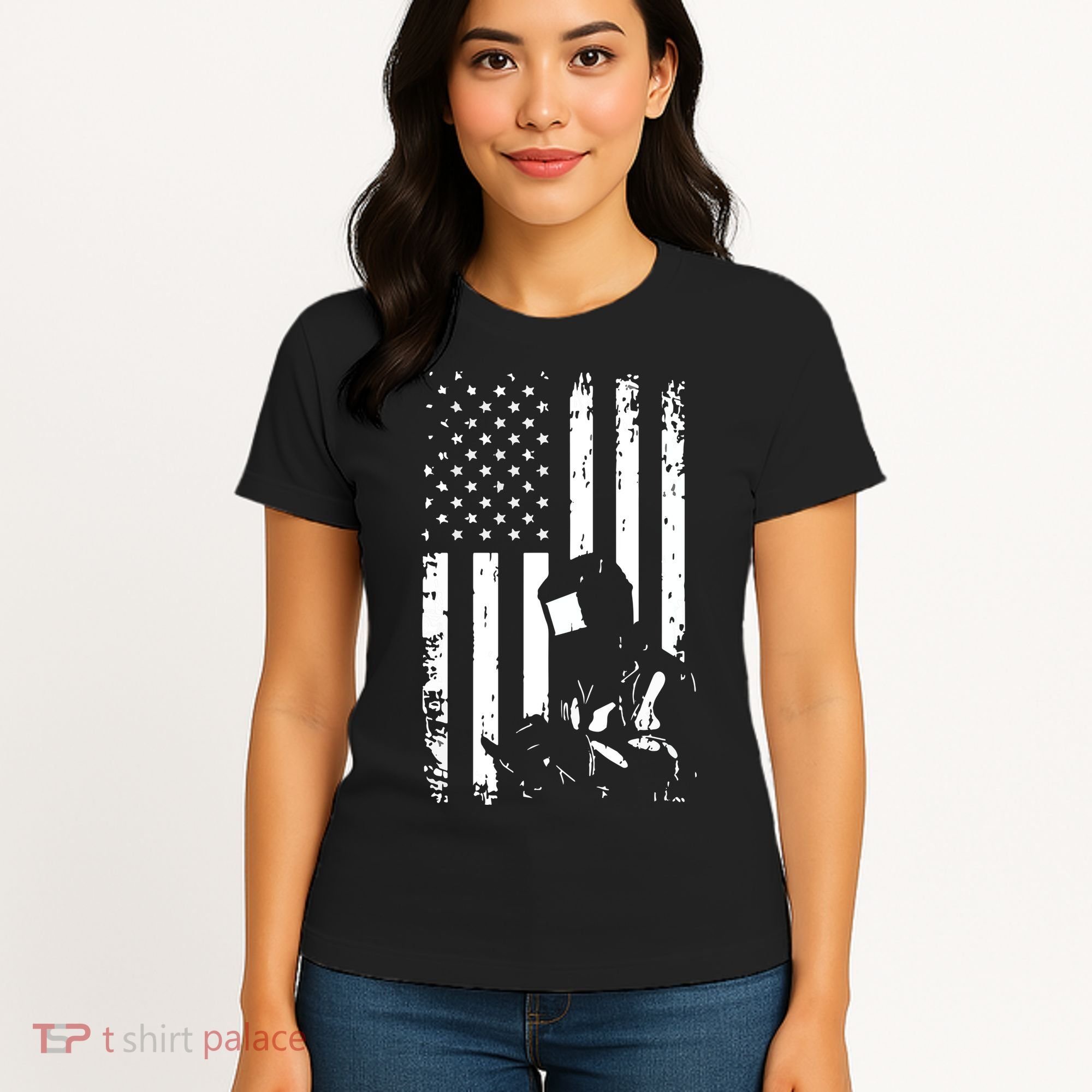 Welder American Flag Welding Gift Usa Distressed Helmet Women's T-Shirt