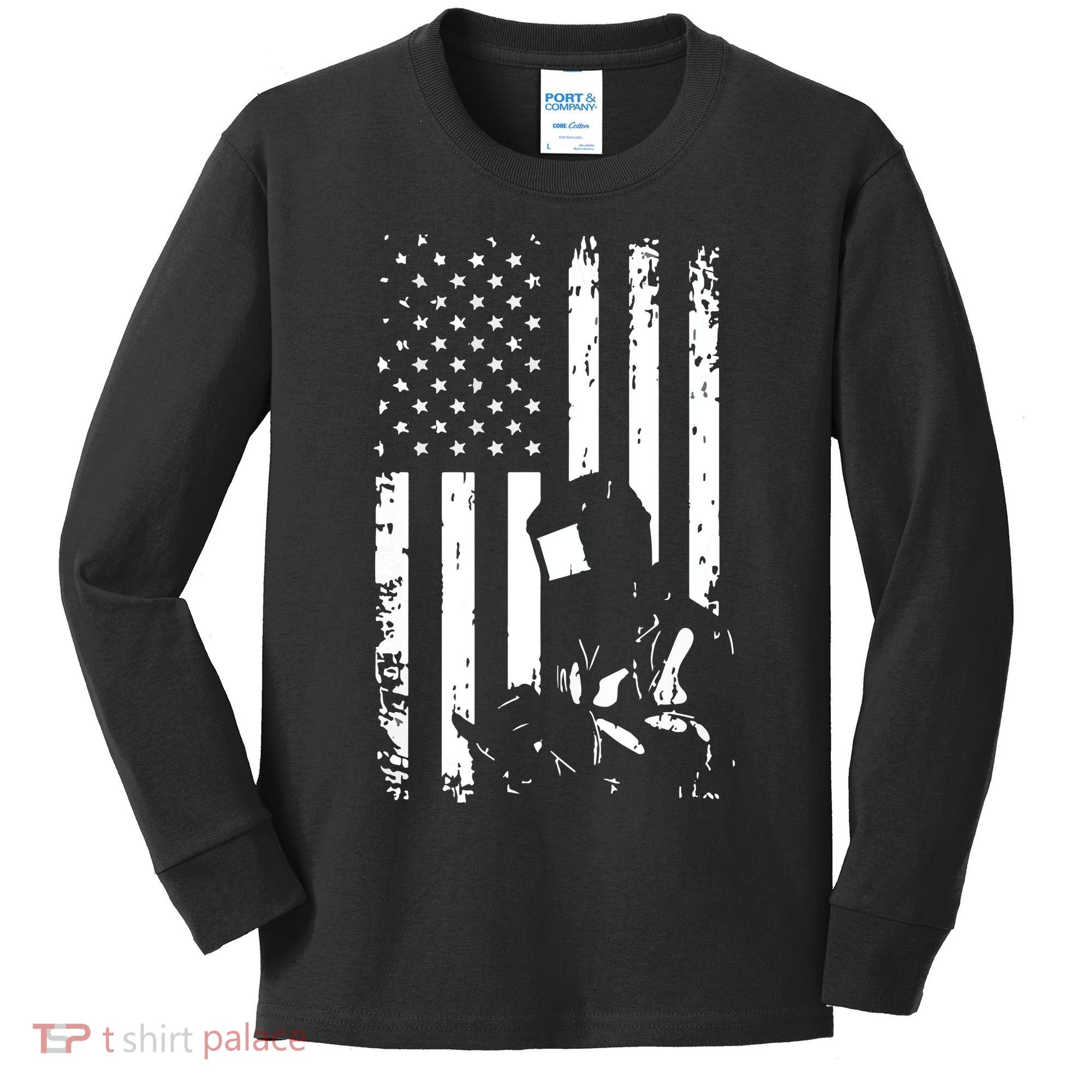 Welder American Flag Welding Gift Usa Distressed Helmet Kids Long Sleeve Shirt