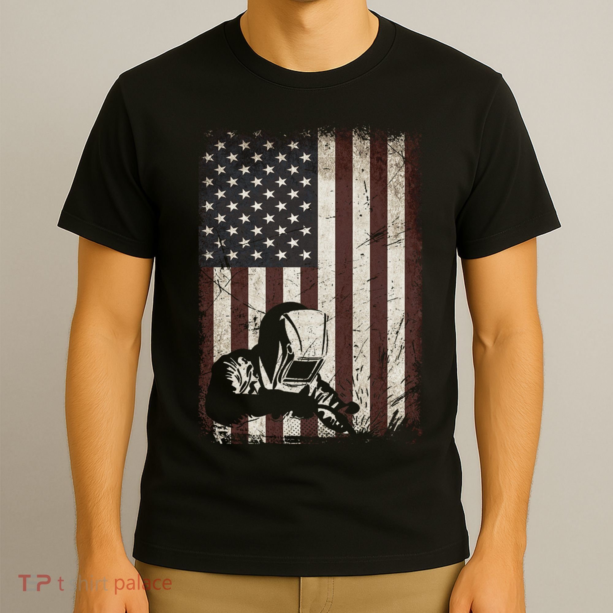 Welder American Flag Vintage Weld Welding Helmet Funny Gift Men Meaningful Gift T-Shirt