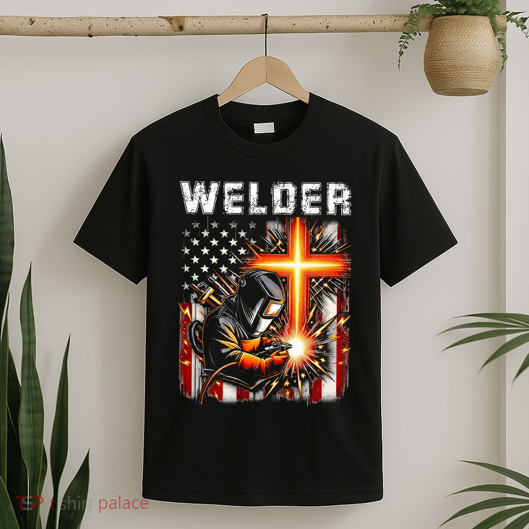 Welder American Flag Welding Faith Cross Christian Religious T-Shirt