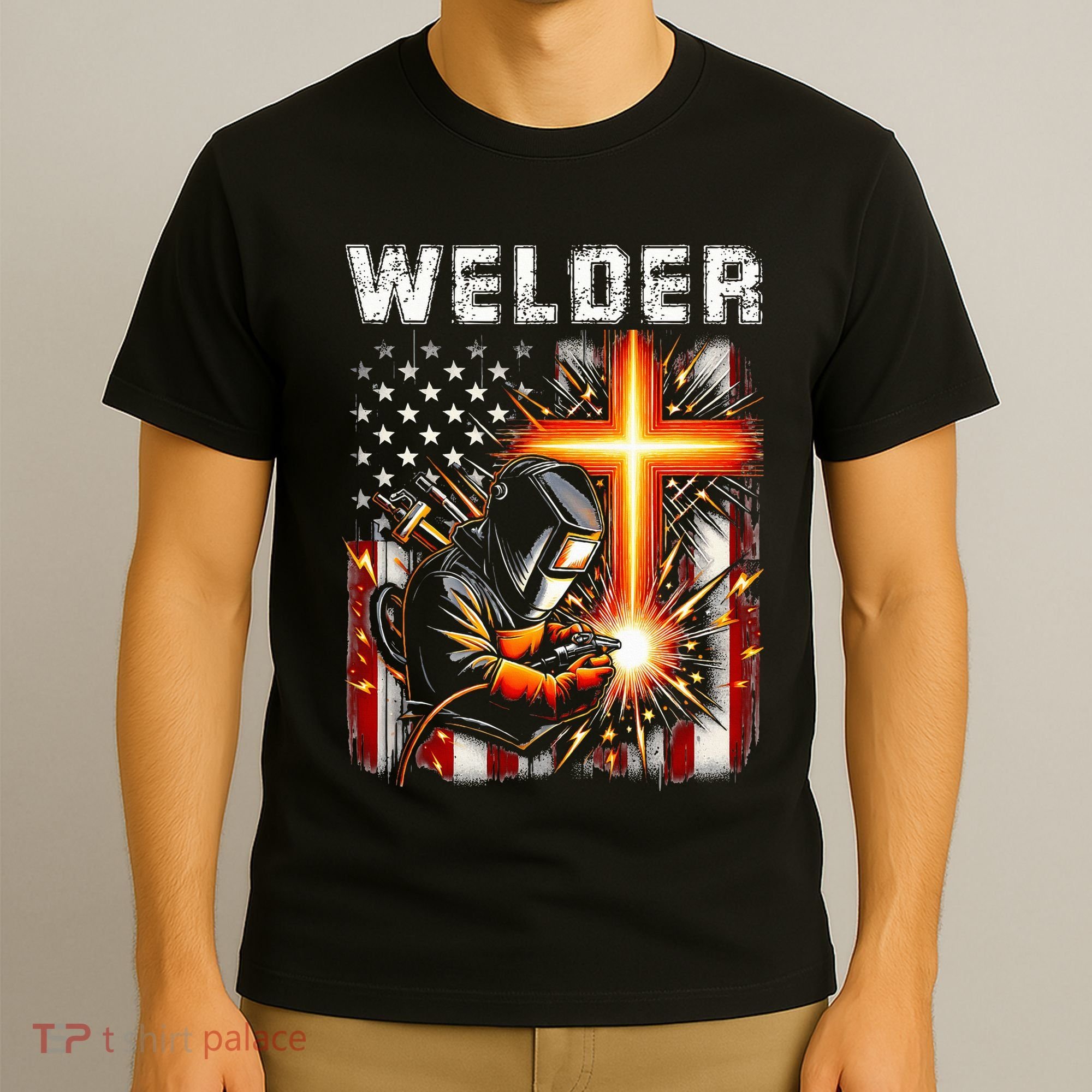 Welder American Flag Welding Faith Cross Christian Religious T-Shirt