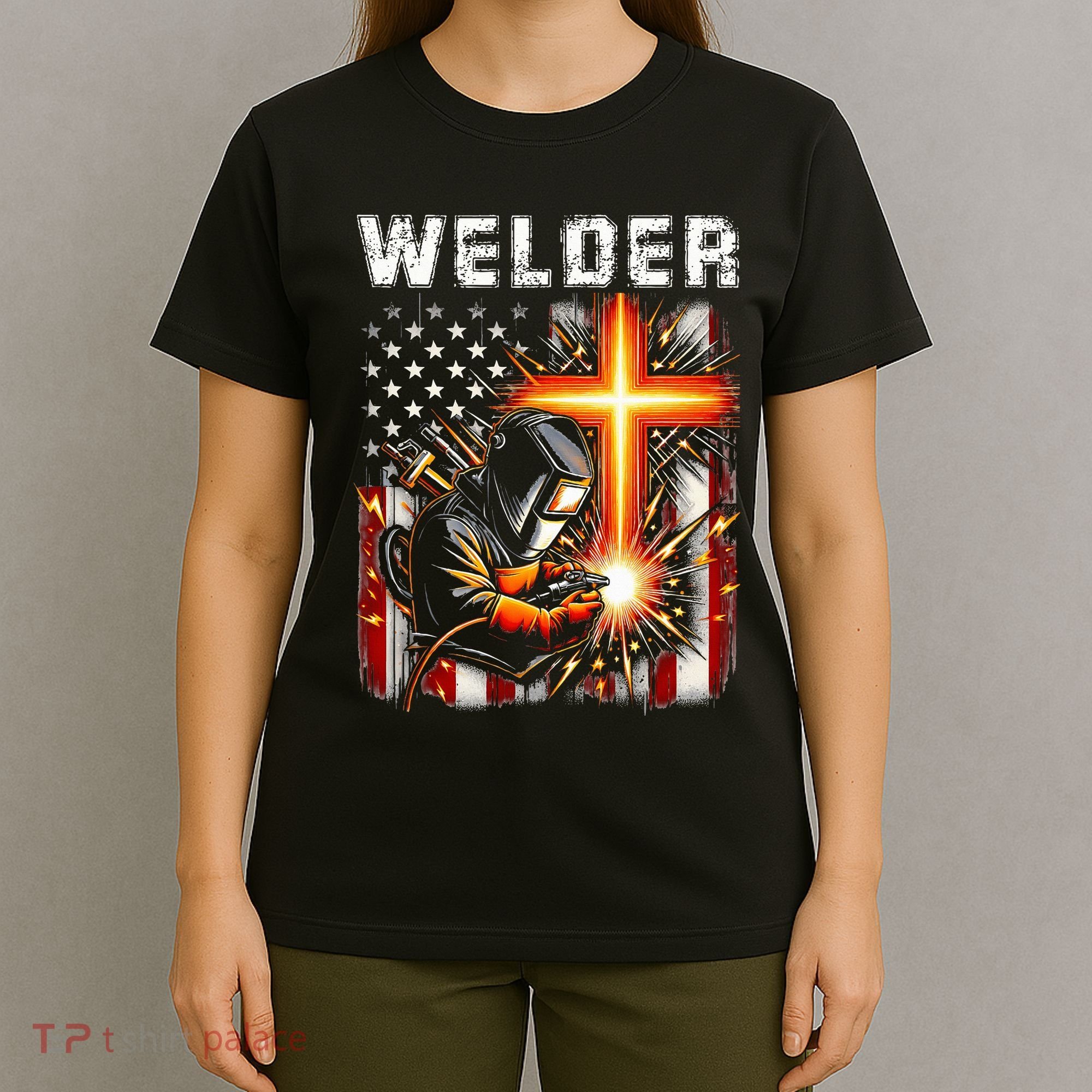 Welder American Flag Welding Faith Cross Christian Religious T-Shirt