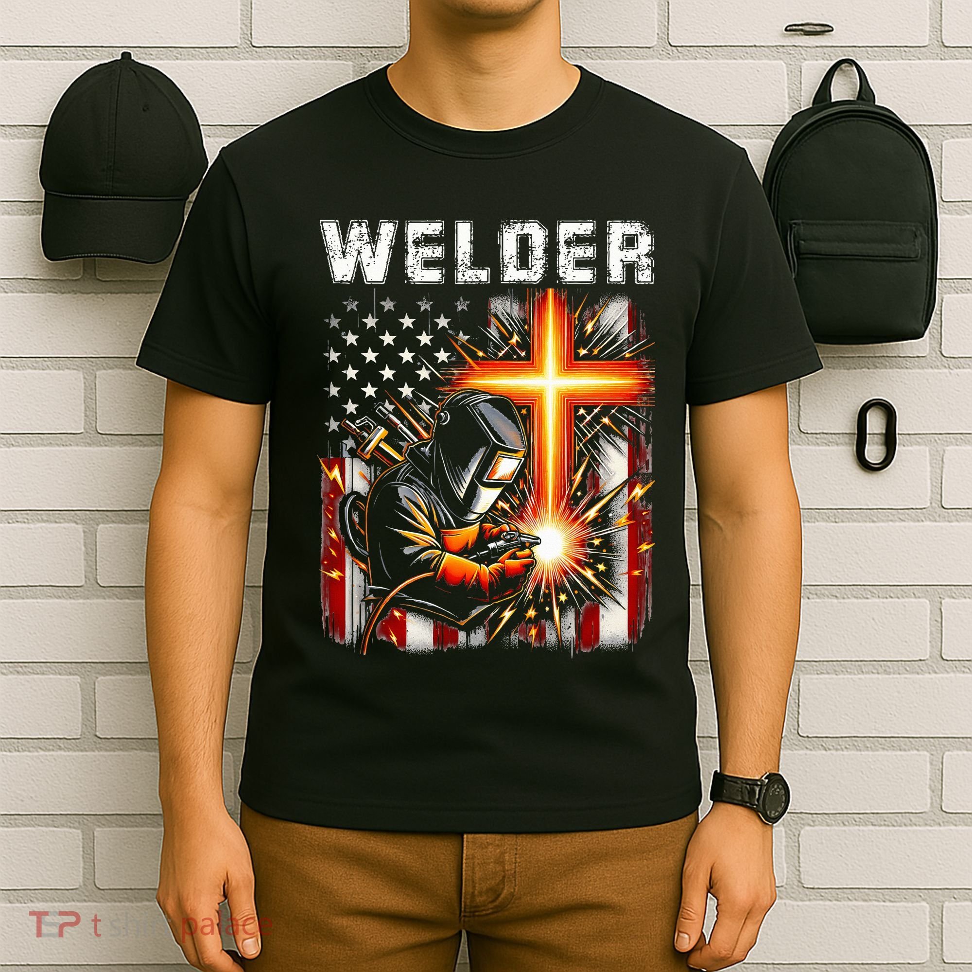 Welder American Flag Welding Faith Cross Christian Religious T-Shirt