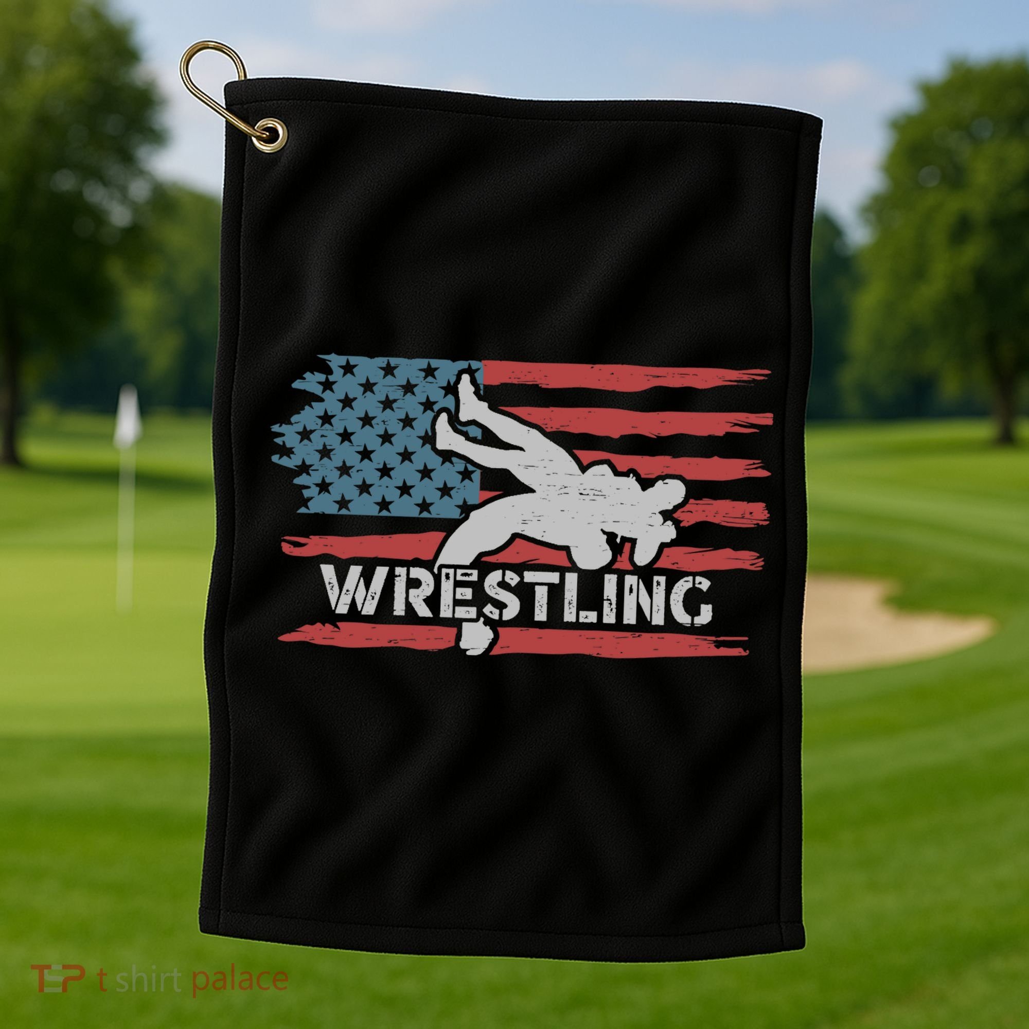 Wrestling American Flag Ring Athlete Wrestler Coach Premium Golf Towel