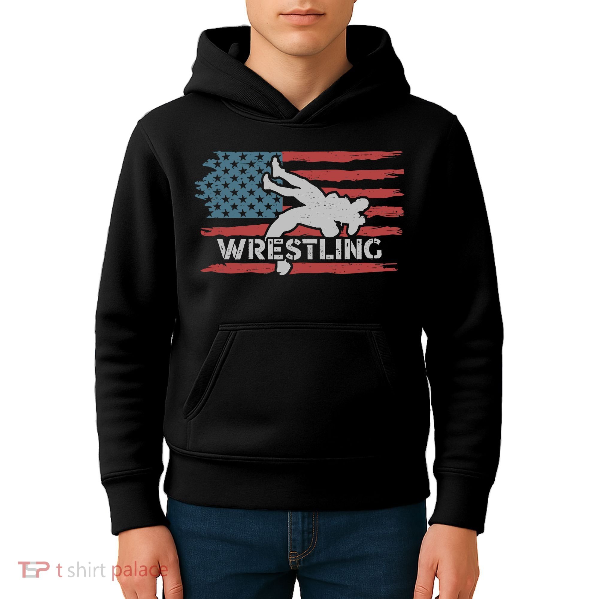 Wrestling American Flag Ring Athlete Wrestler Coach Premium Kids Hoodie