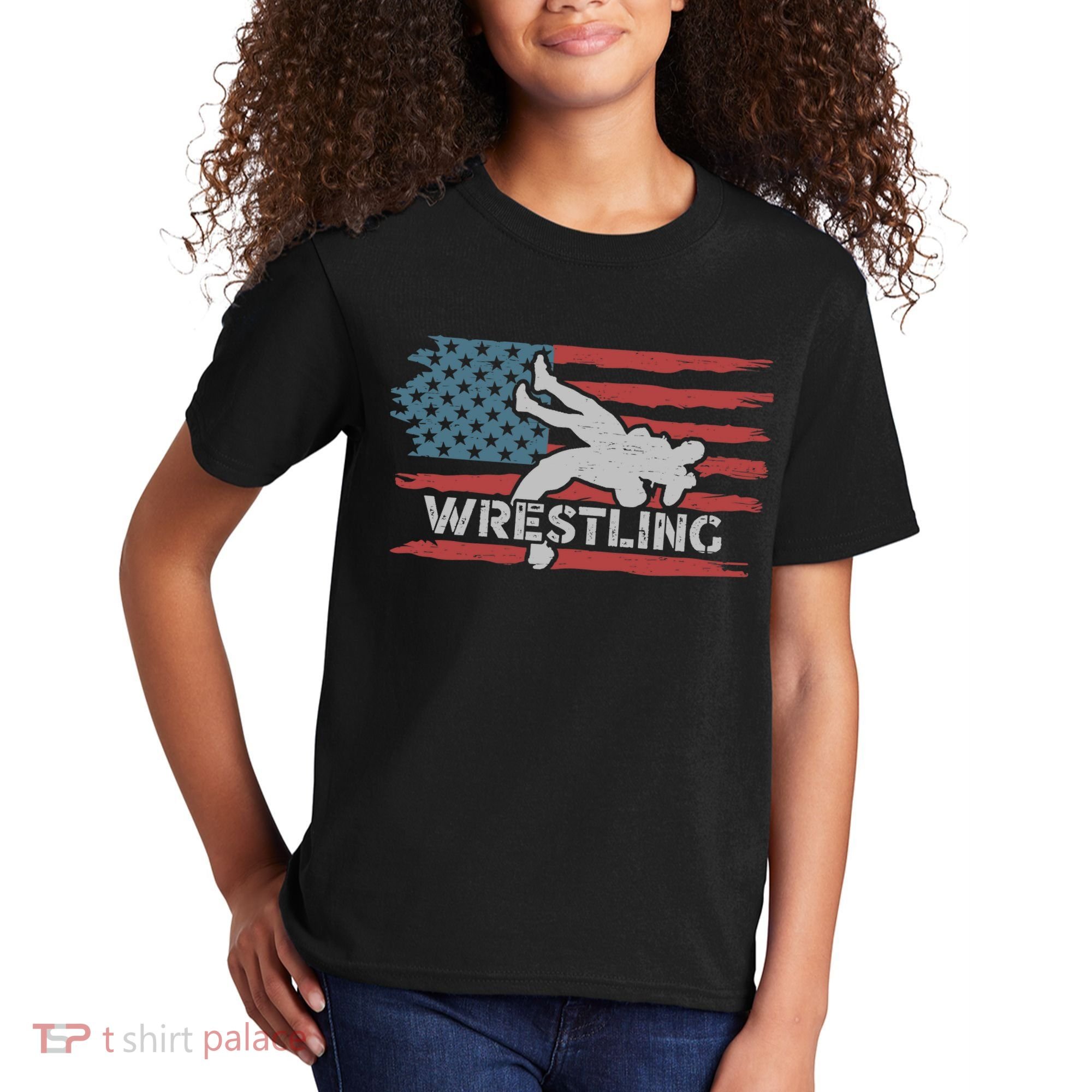 Wrestling American Flag Ring Athlete Wrestler Coach Premium Kids T-Shirt
