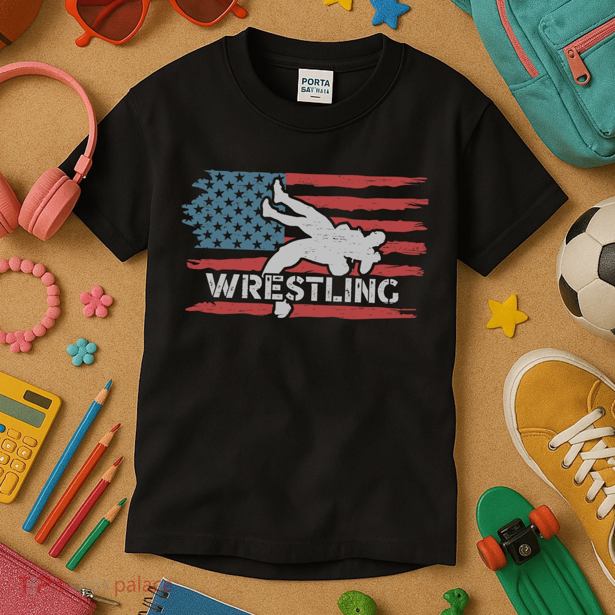 Wrestling American Flag Ring Athlete Wrestler Coach Premium Kids T-Shirt